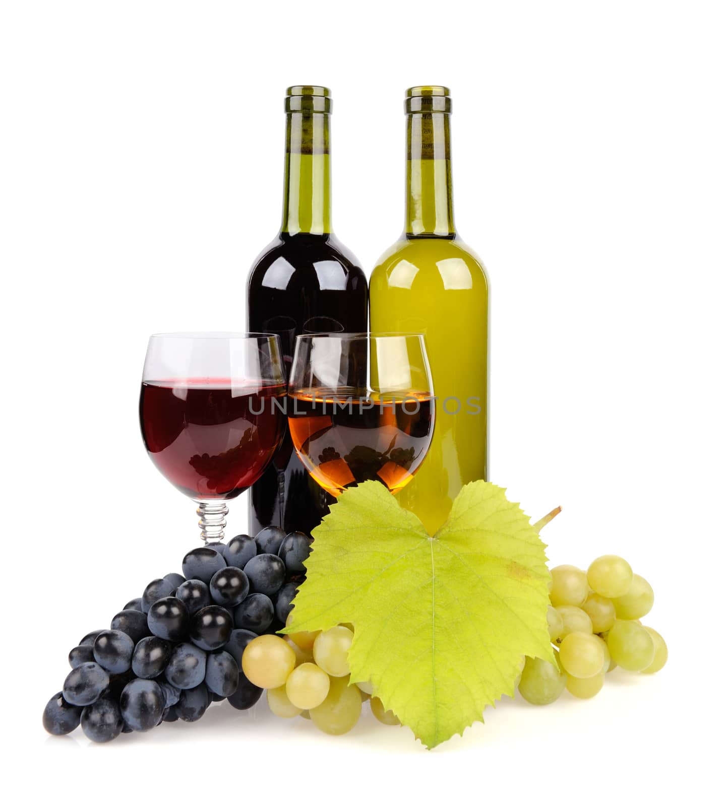 Wine bottle, glass and grapes isolated on white background