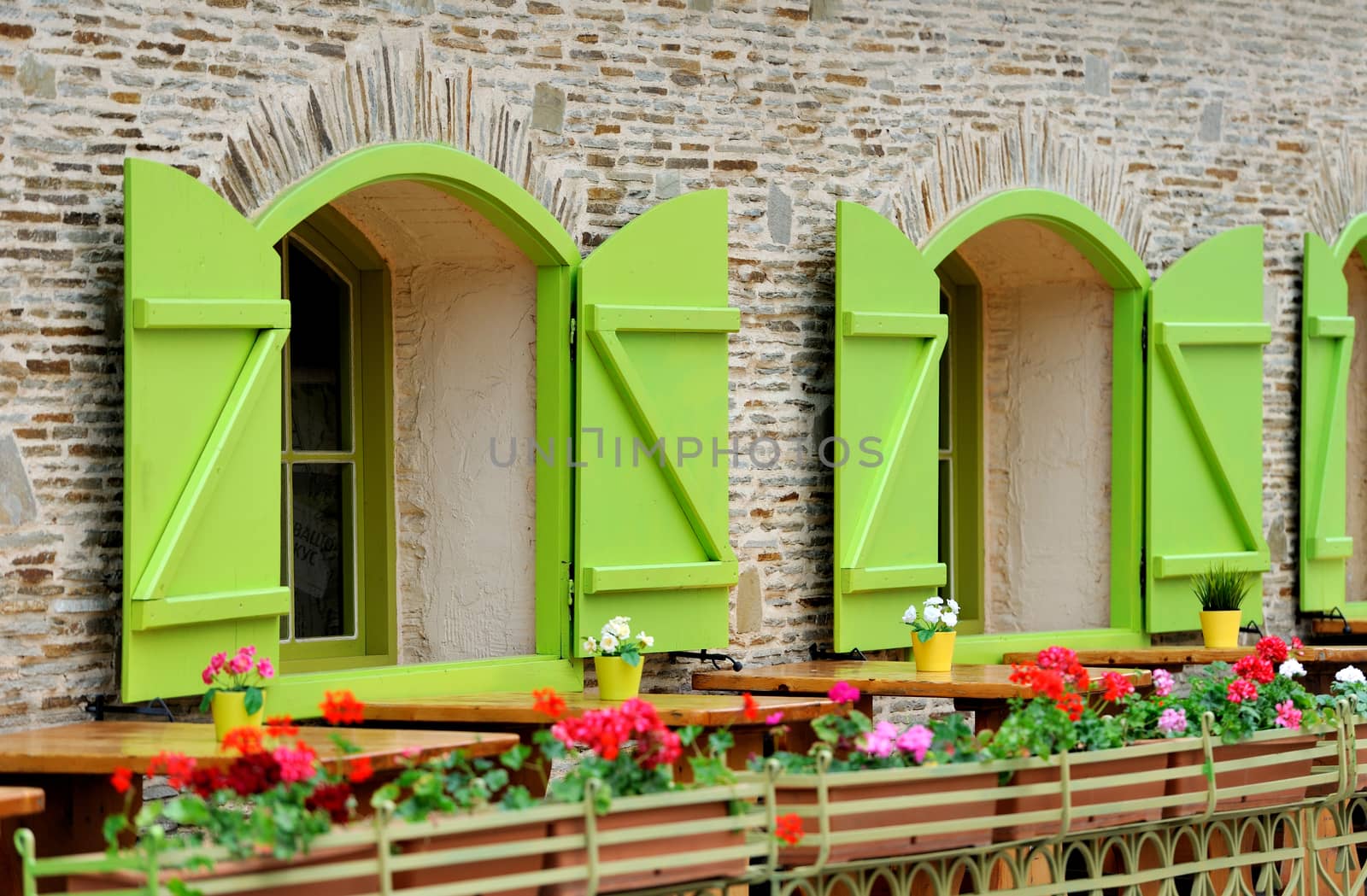 Wooden green house windows and beautiful street decorated with flowers 