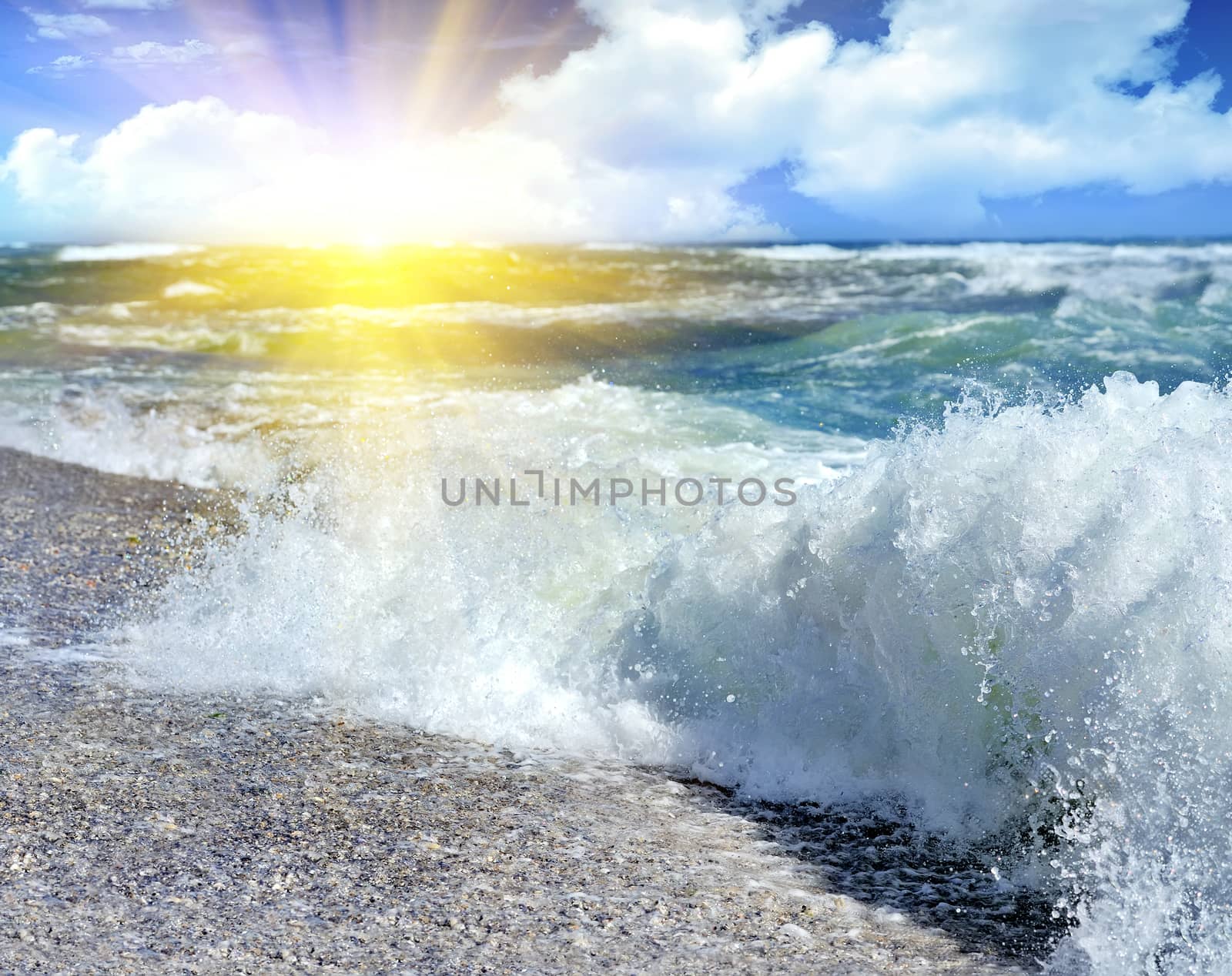 Beach Wave, view in the tube with beach in background