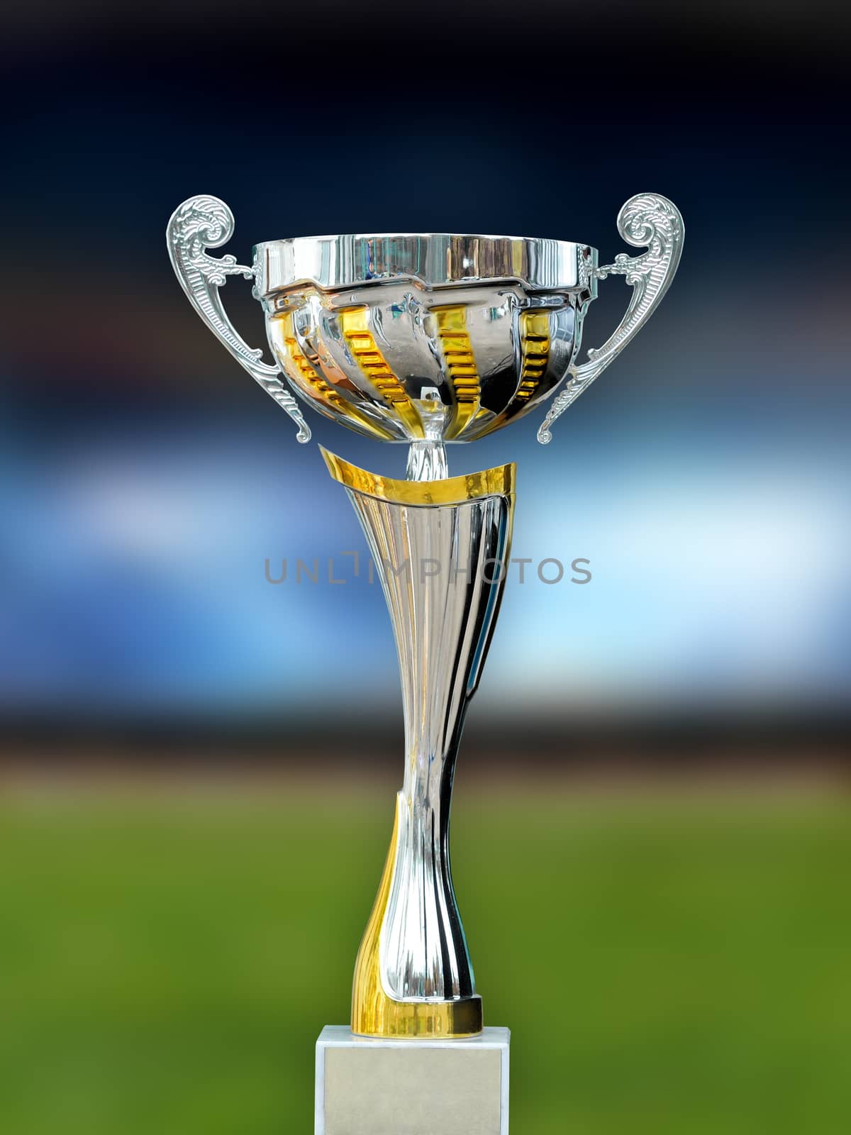 Golden trophy in grass on soccer field background