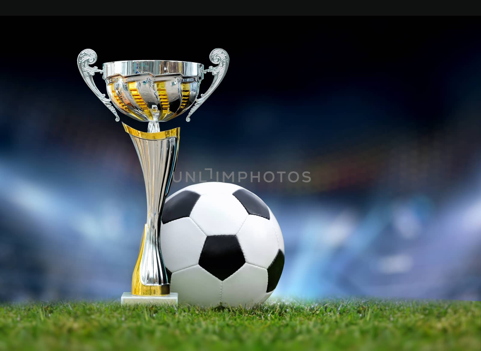 Golden trophy in grass on soccer field background