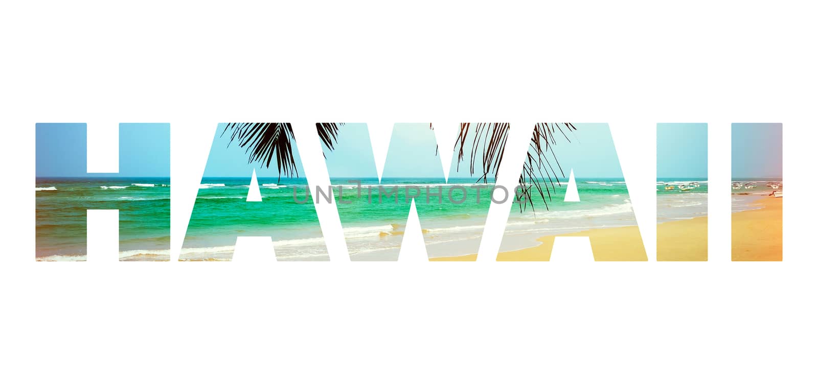Background with word "Hawaii". Letters are made of beach with palm