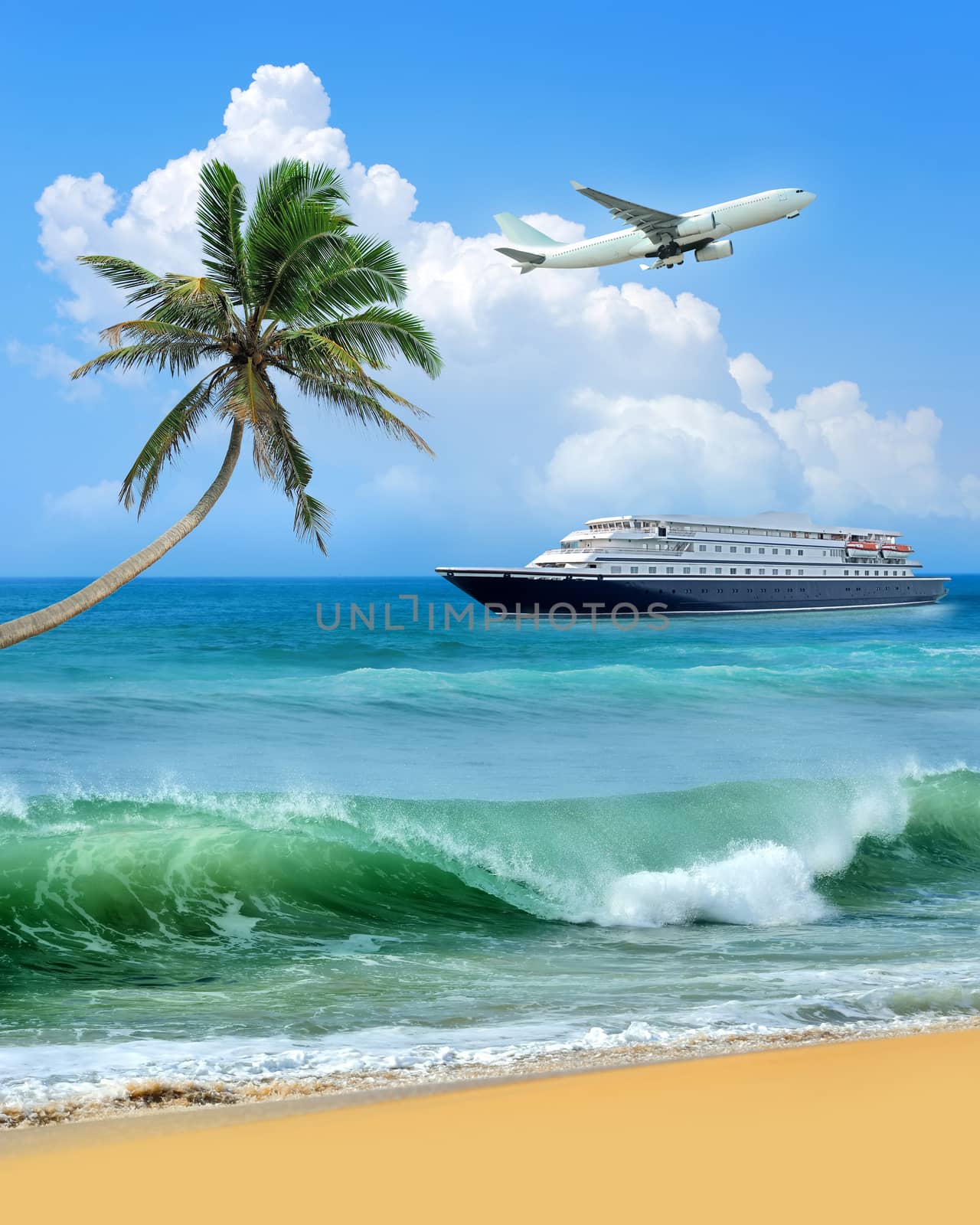 Travel concept. Beach, palm, airplane and ship 