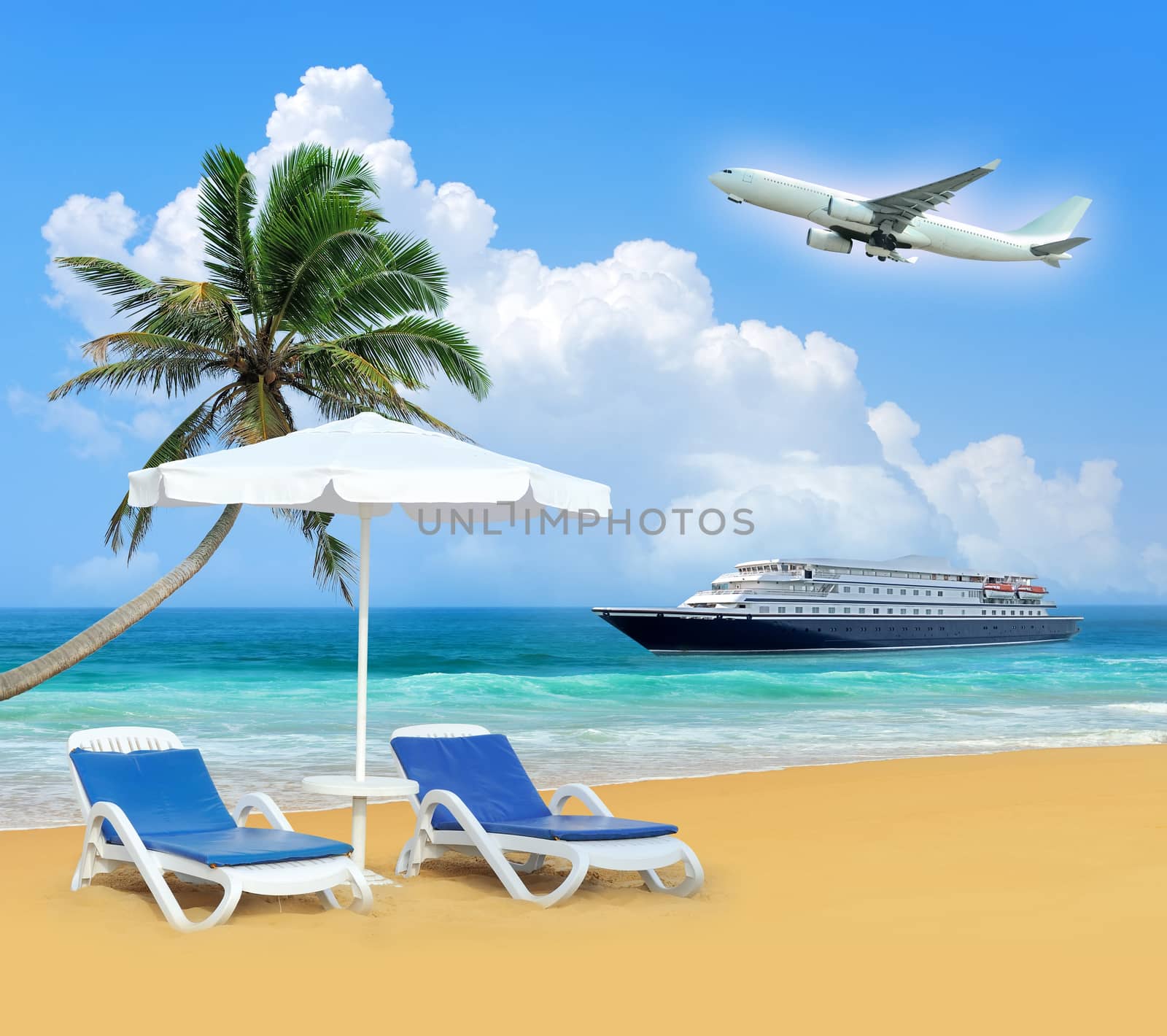 Beach chair, palm, airplane and white umbrella. Travel concept