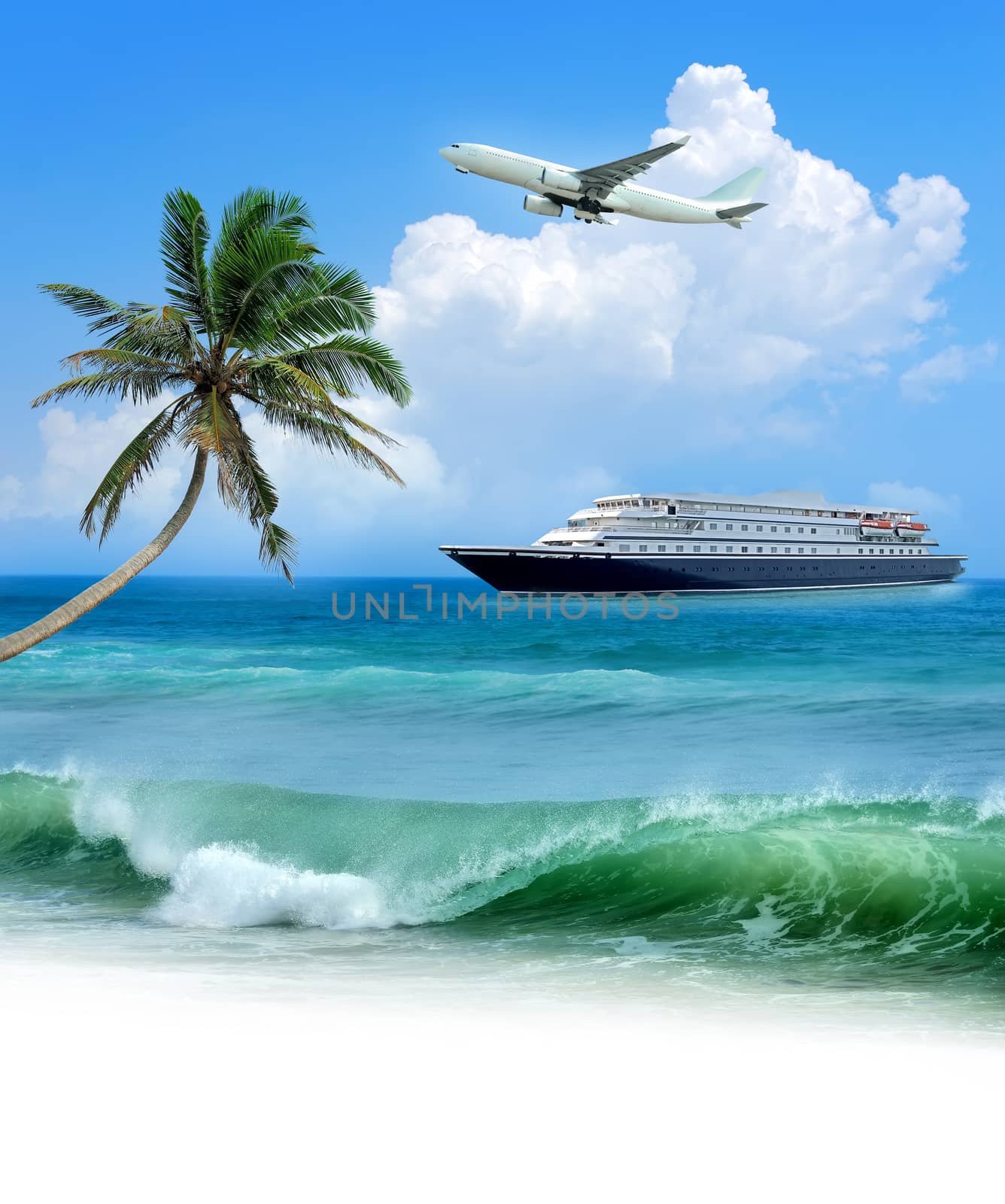 Travel concept. Beach, palm, airplane and ship 