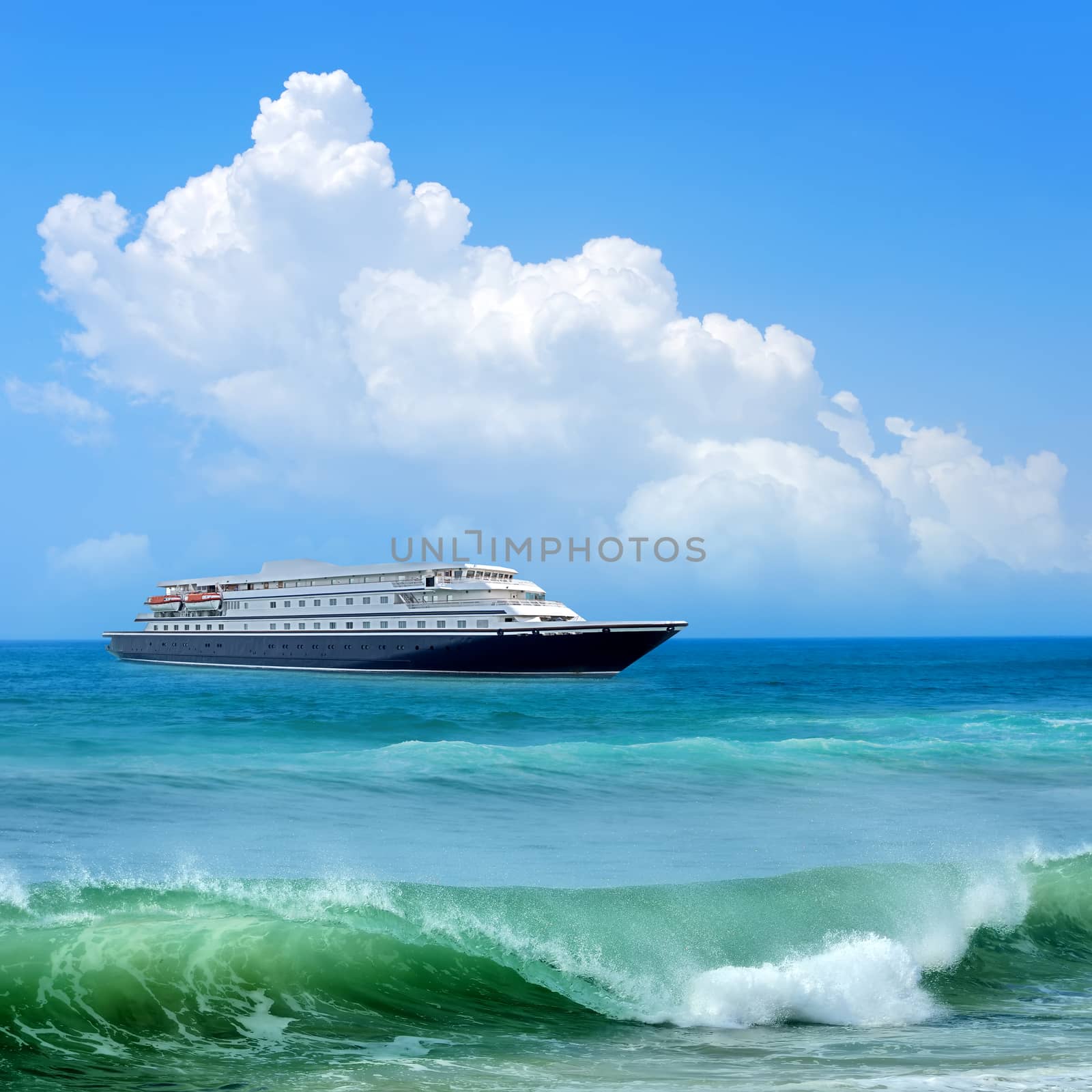 Travel concept. Beach and ship 