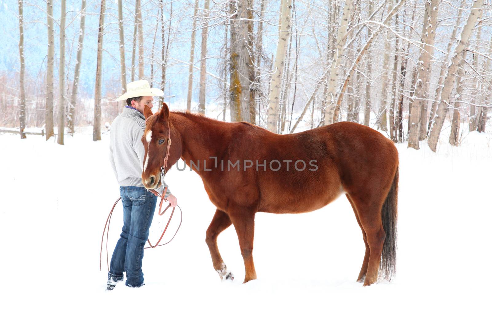 Young cowboy with his horse in a snow forest