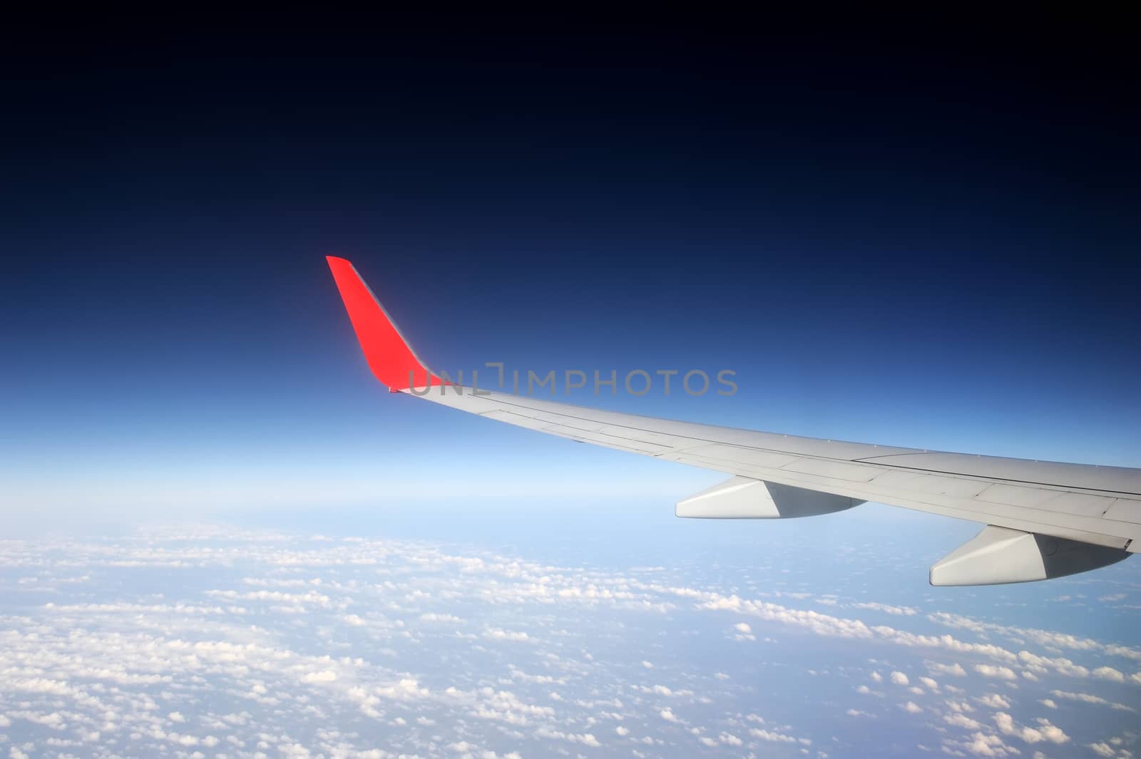 View from airplane window with blue sky and white clouds
