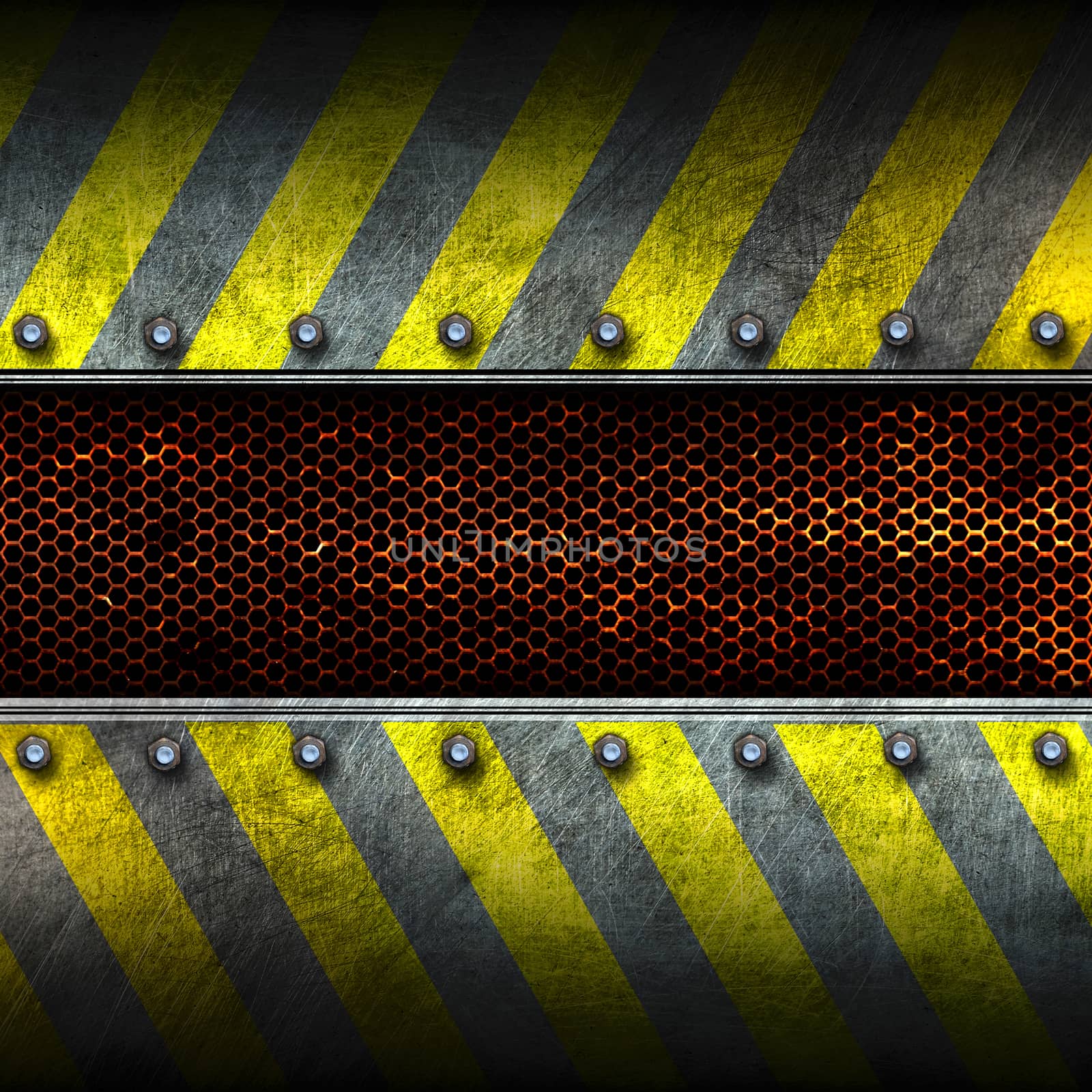 grunge metal and rust mesh with yellow painted. 3d illustration. background and texture.