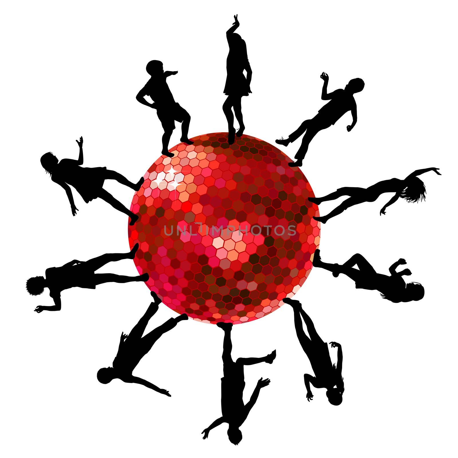 Silhouettes of people dancing on a disco ball