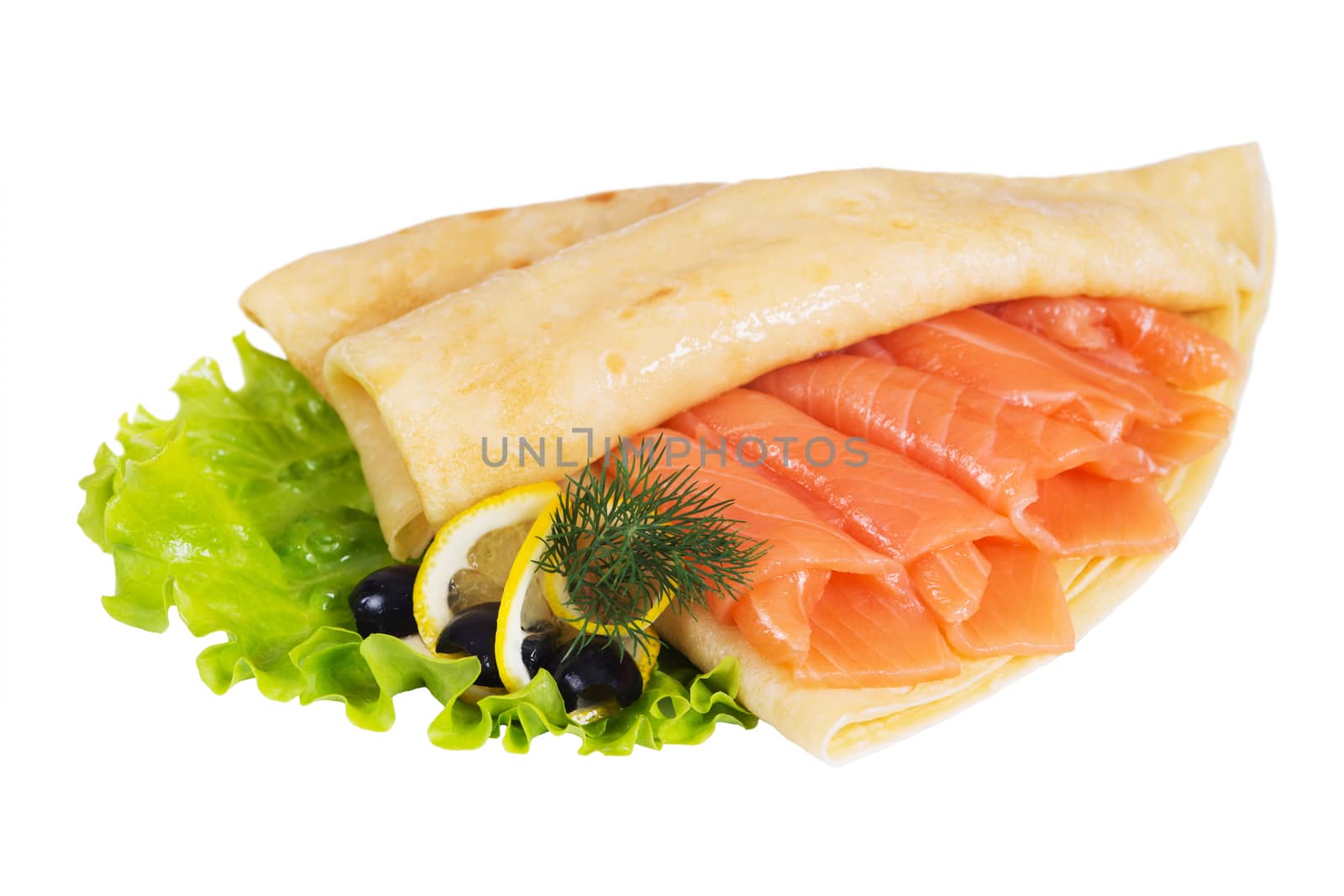 Pancakes with salmon on a white background by kzen
