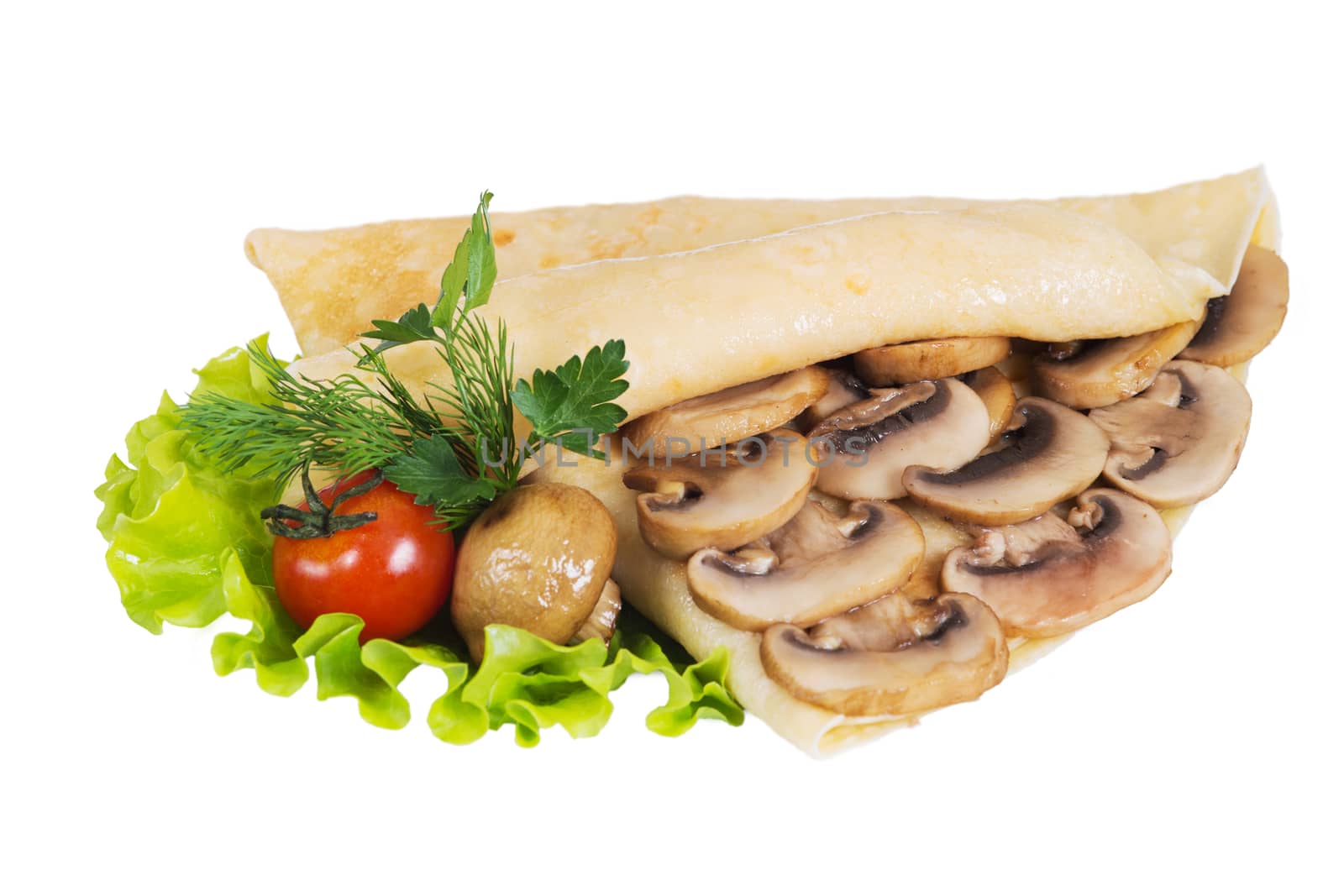 Pancakes with mushrooms on a white background, isolated