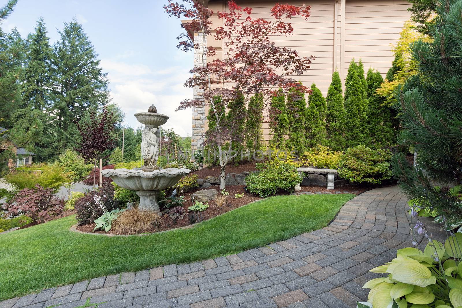 House Manicured Frontyard with Water Fountain by jpldesigns