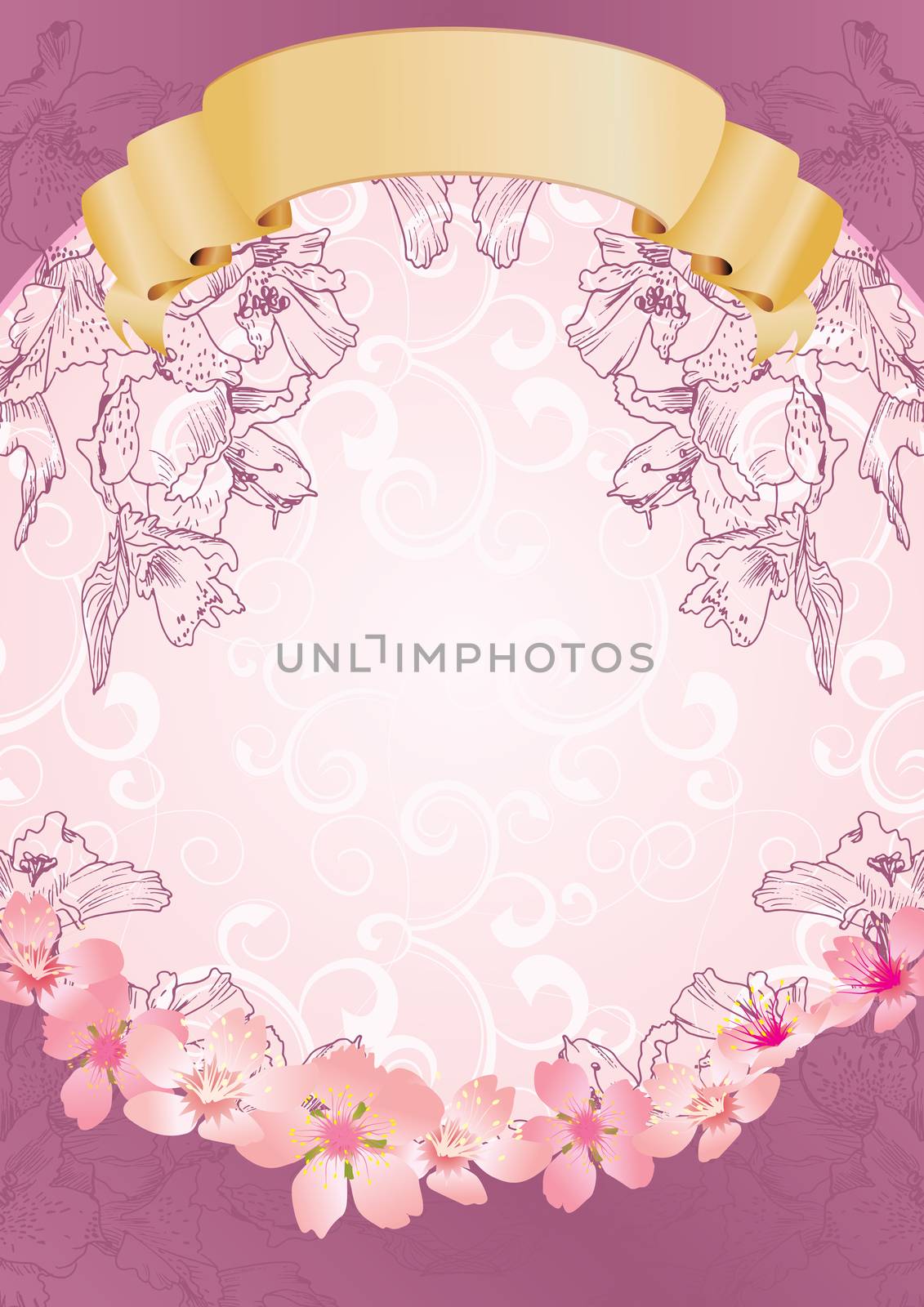 pink flowers yellow ribbon card by CherJu