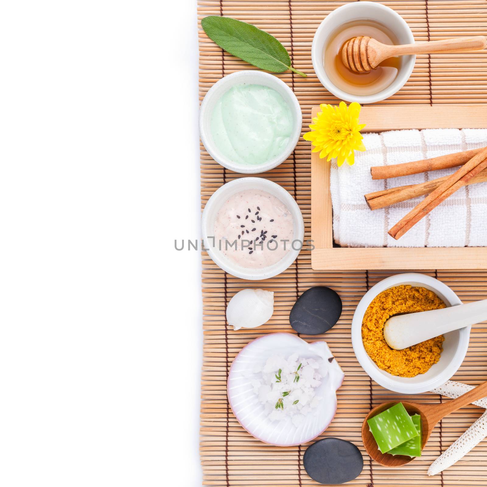 Natural Spa Ingredients sea salt ,sage ,honey , aloe vera ,spa stones and white mortar on wooden background for scrub and skin care.