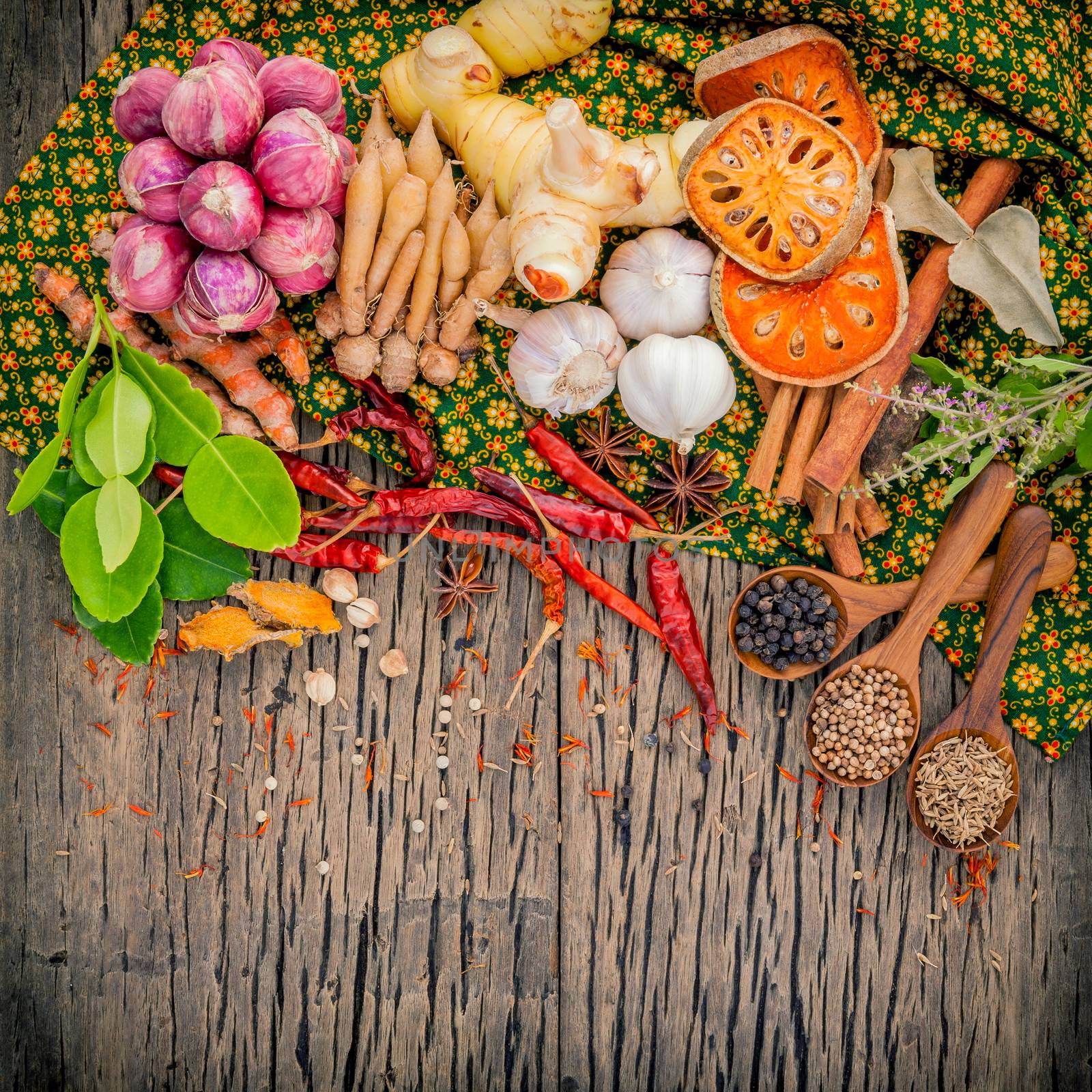 Assortment of  Thai food Cooking ingredients spice taste ,healthy and delicious foods.