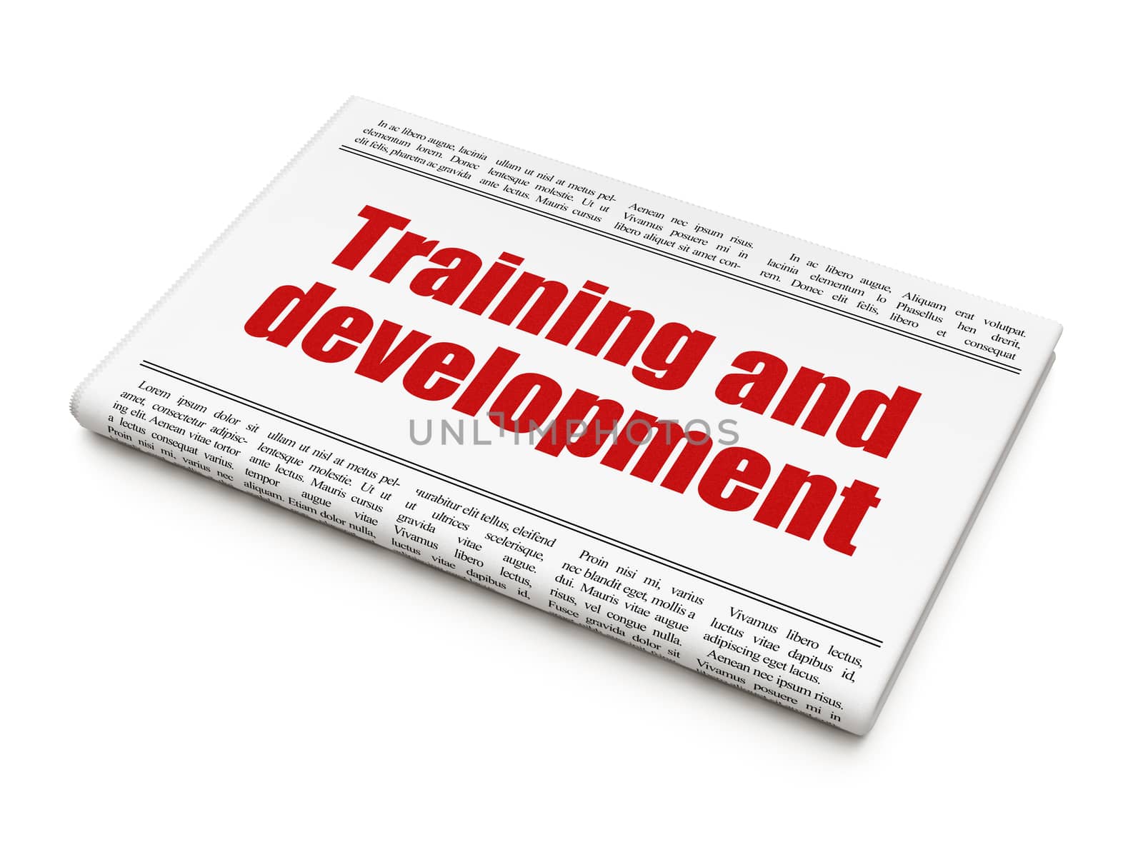 Learning concept: newspaper headline Training and Development on White background, 3D rendering