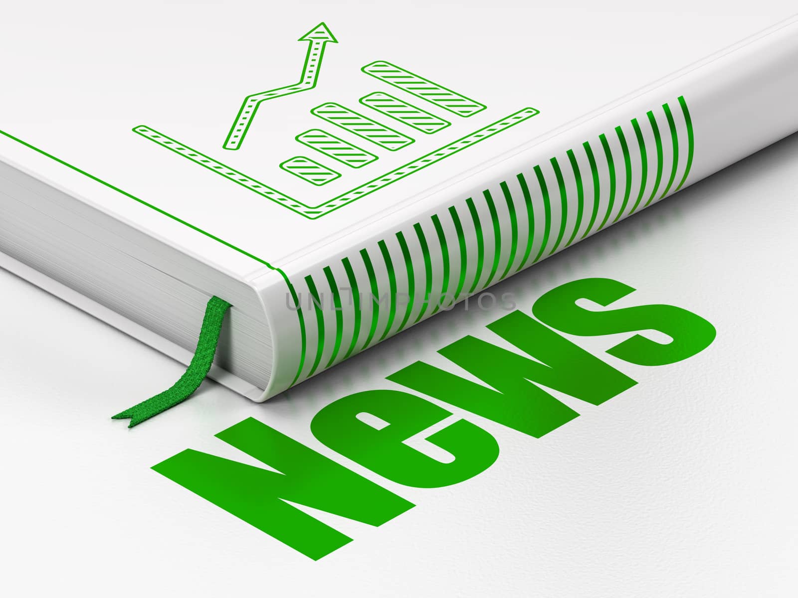 News concept: closed book with Green Growth Graph icon and text News on floor, white background, 3D rendering