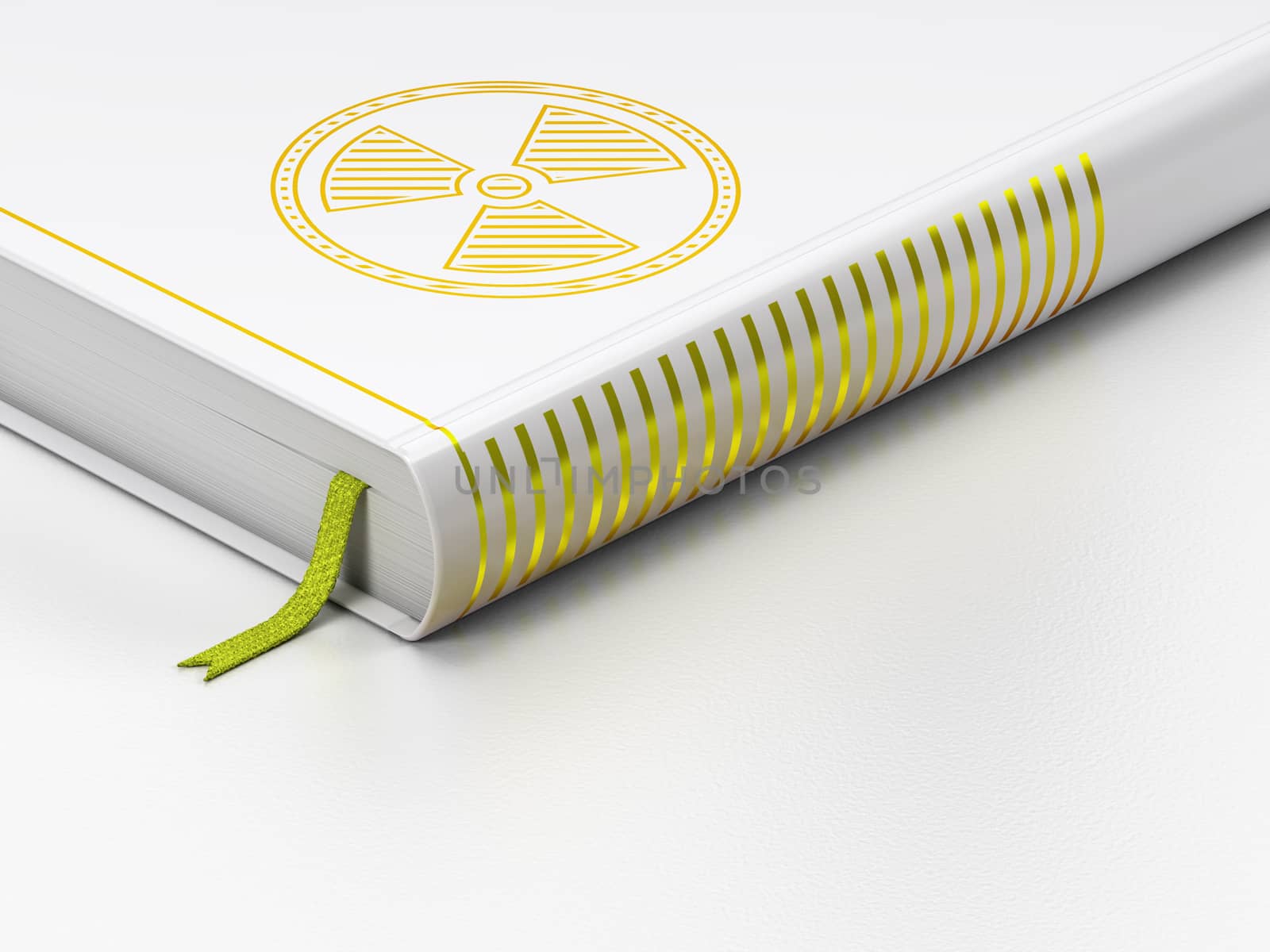 Science concept: closed book with Gold Radiation icon on floor, white background, 3D rendering