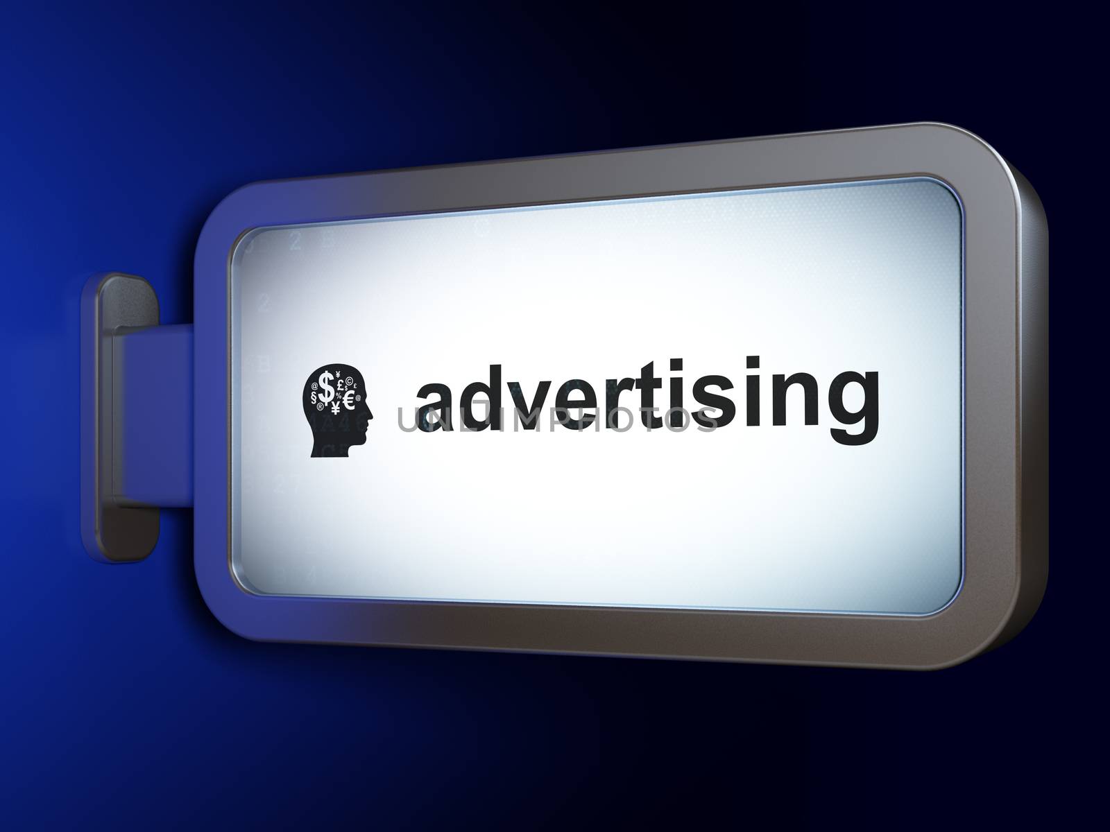 Marketing concept: Advertising and Head With Finance Symbol on advertising billboard background, 3D rendering