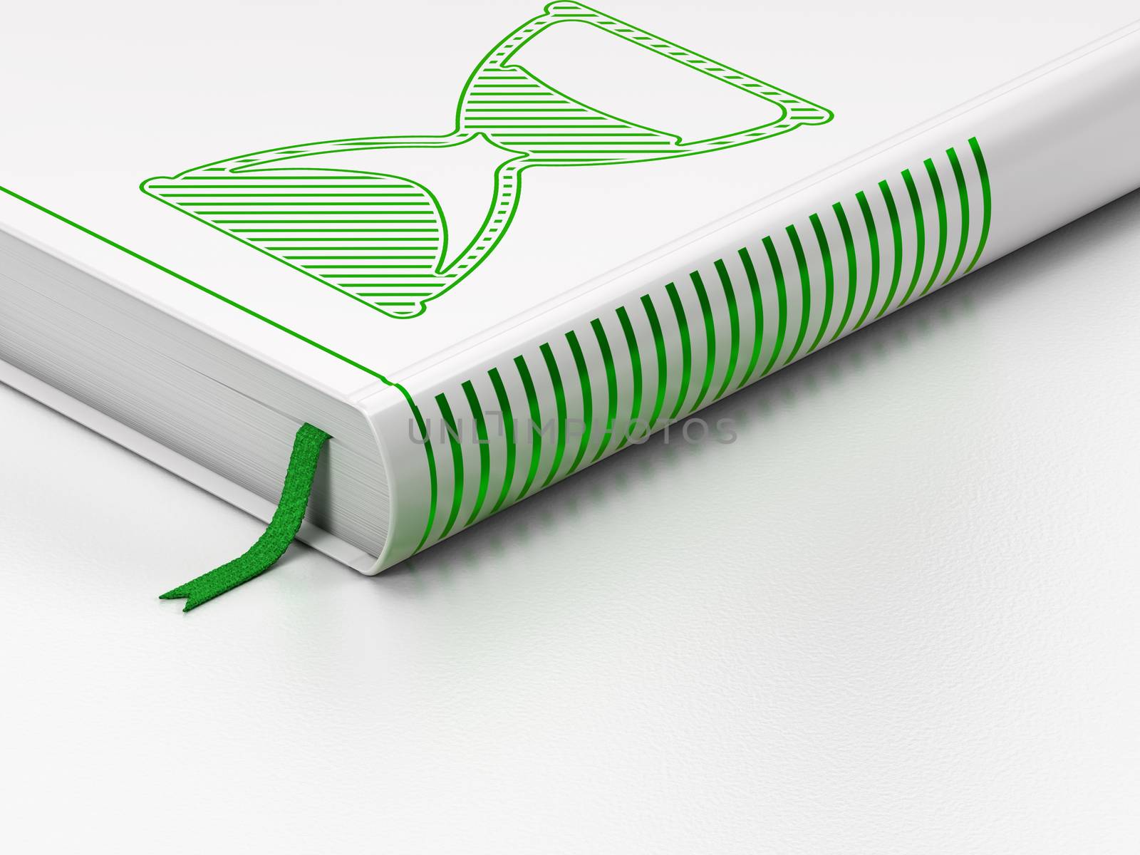 Time concept: closed book with Green Hourglass icon on floor, white background, 3D rendering