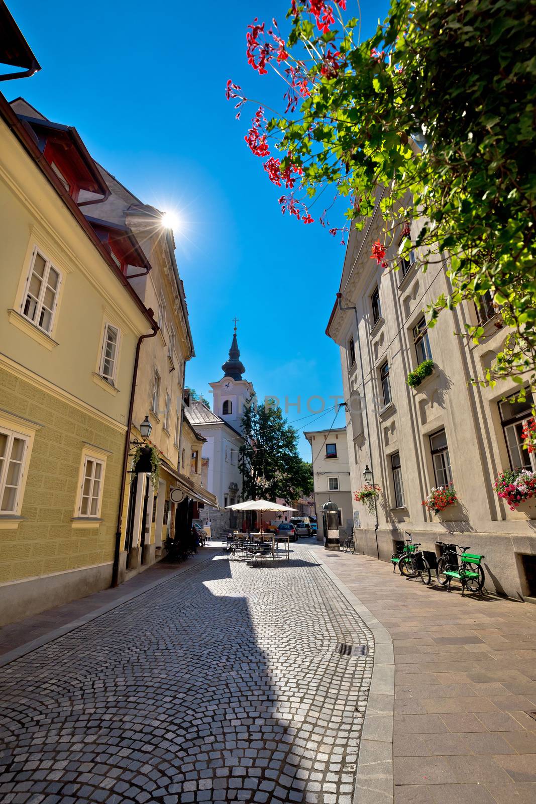 Cobbled old street and church of Ljubljana vertical view, capital of Slovenia