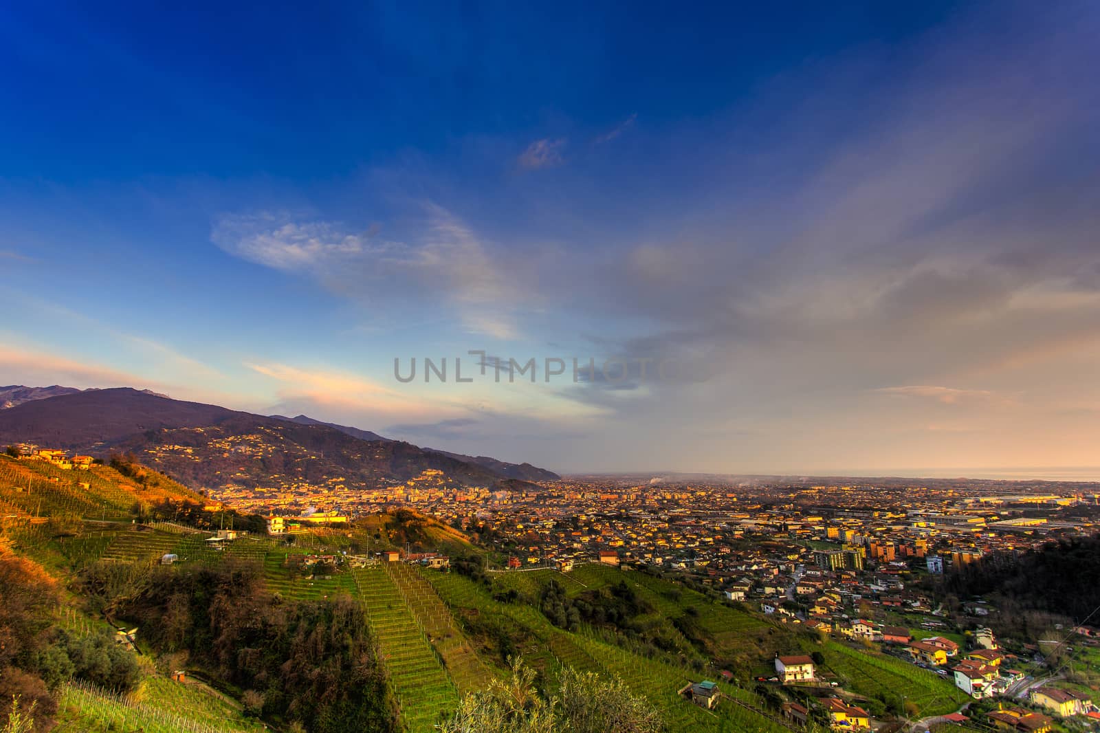 Panoramic view of city of Massa before the sunset