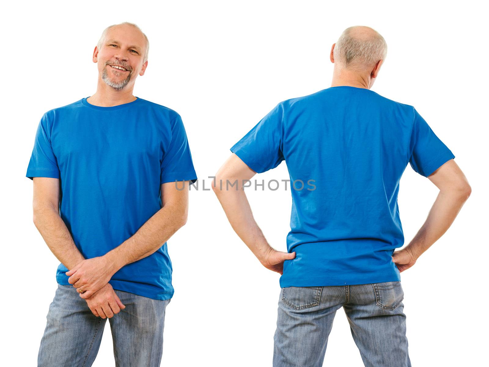 Photo of a man in his early fifties, posing with a blank blue t-shirt, ready for your artwork or design.