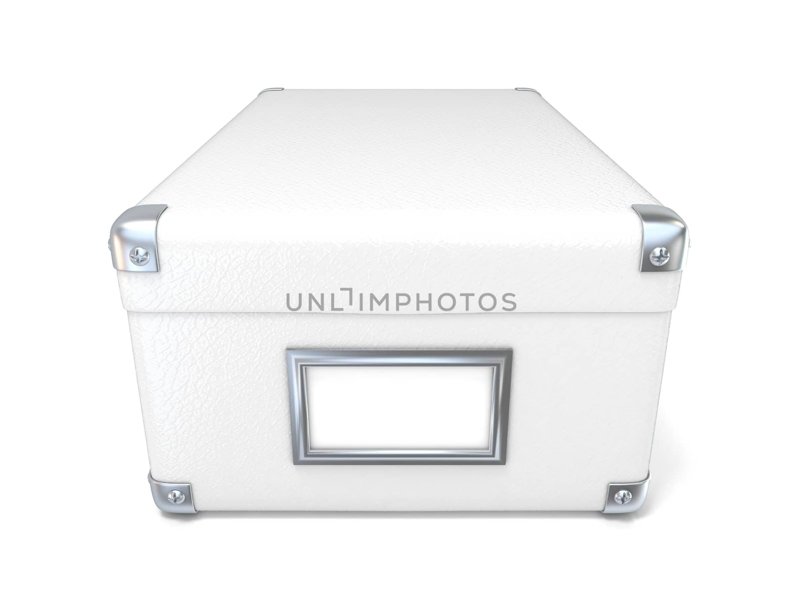 White leather closed box, with chrome corners and blank label. Front view. 3D render illustration isolated on white background