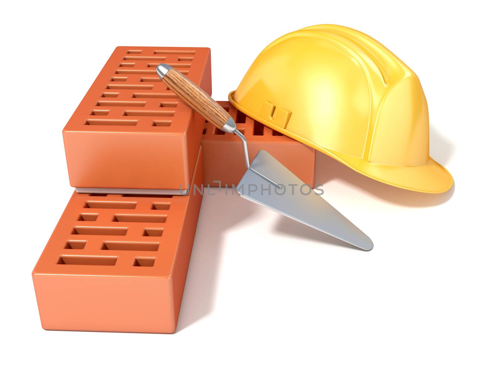 Safety helmet with rectangular perforated bricks and trowel. 3D by djmilic