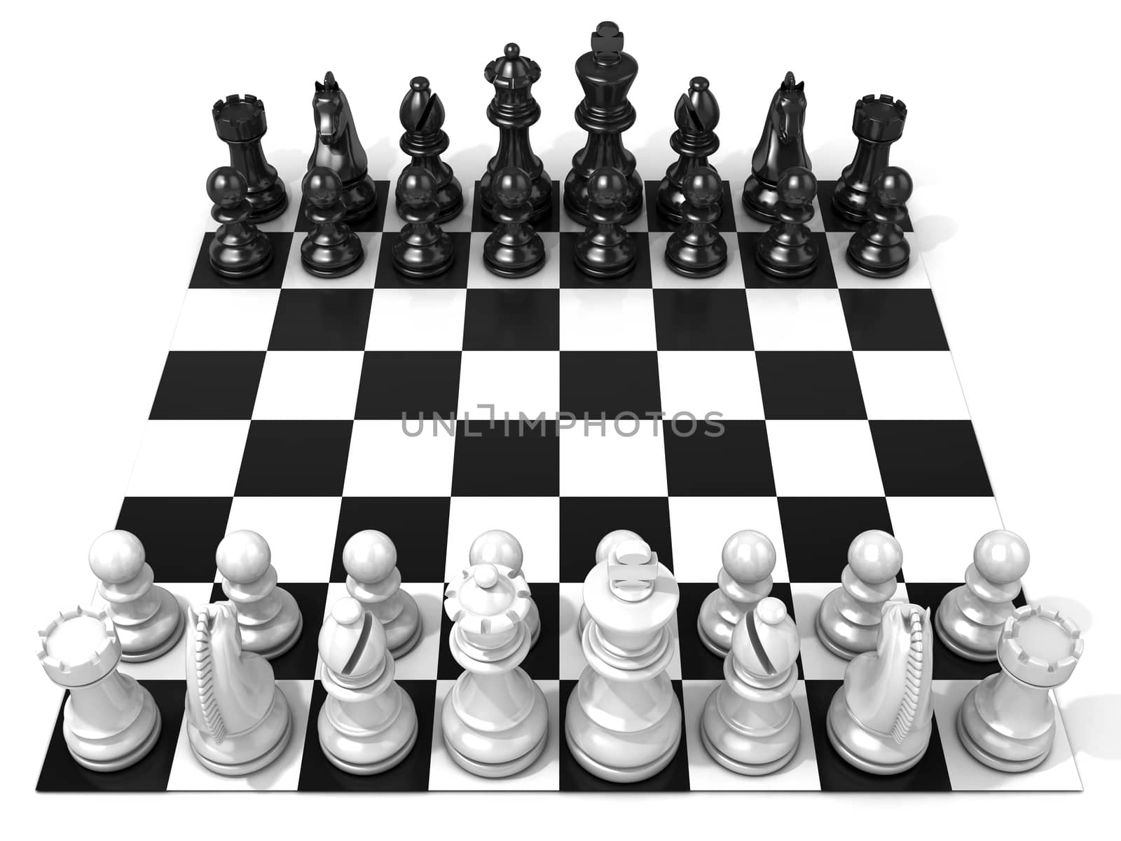 Chess Board with all chess pieces, isolated on white background. Side view