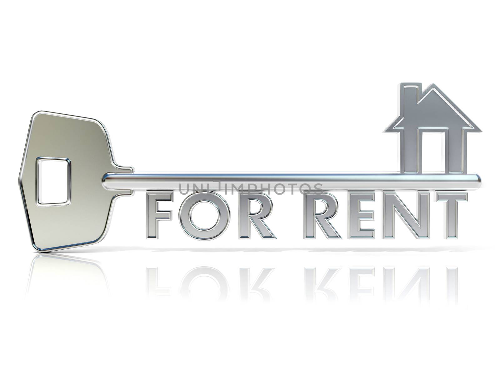 Door key FOR RENT sign. 3D render illustration isolated on white background