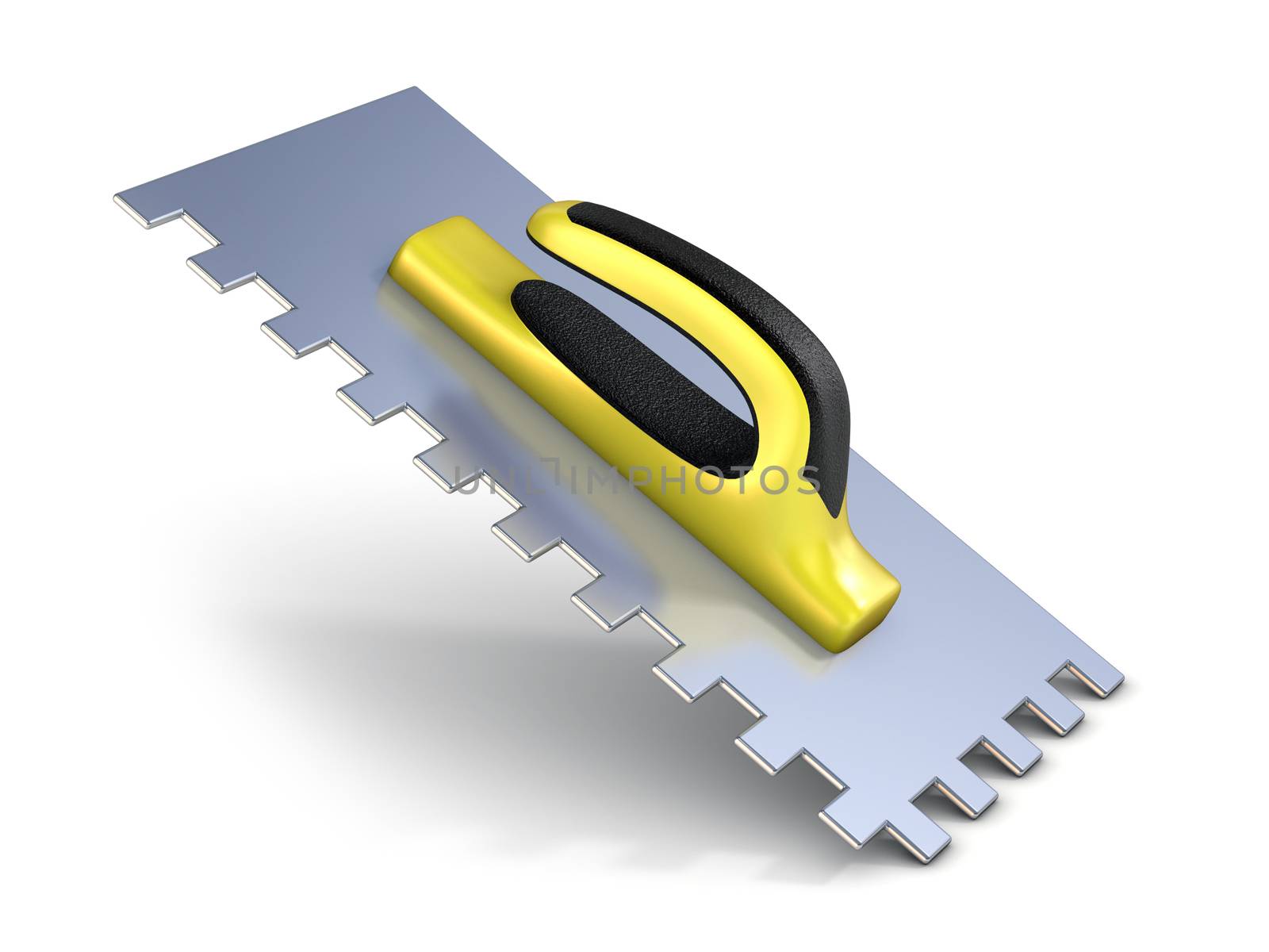 Finishing trowel with yellow black rubber handle. 3D render isolated on white background
