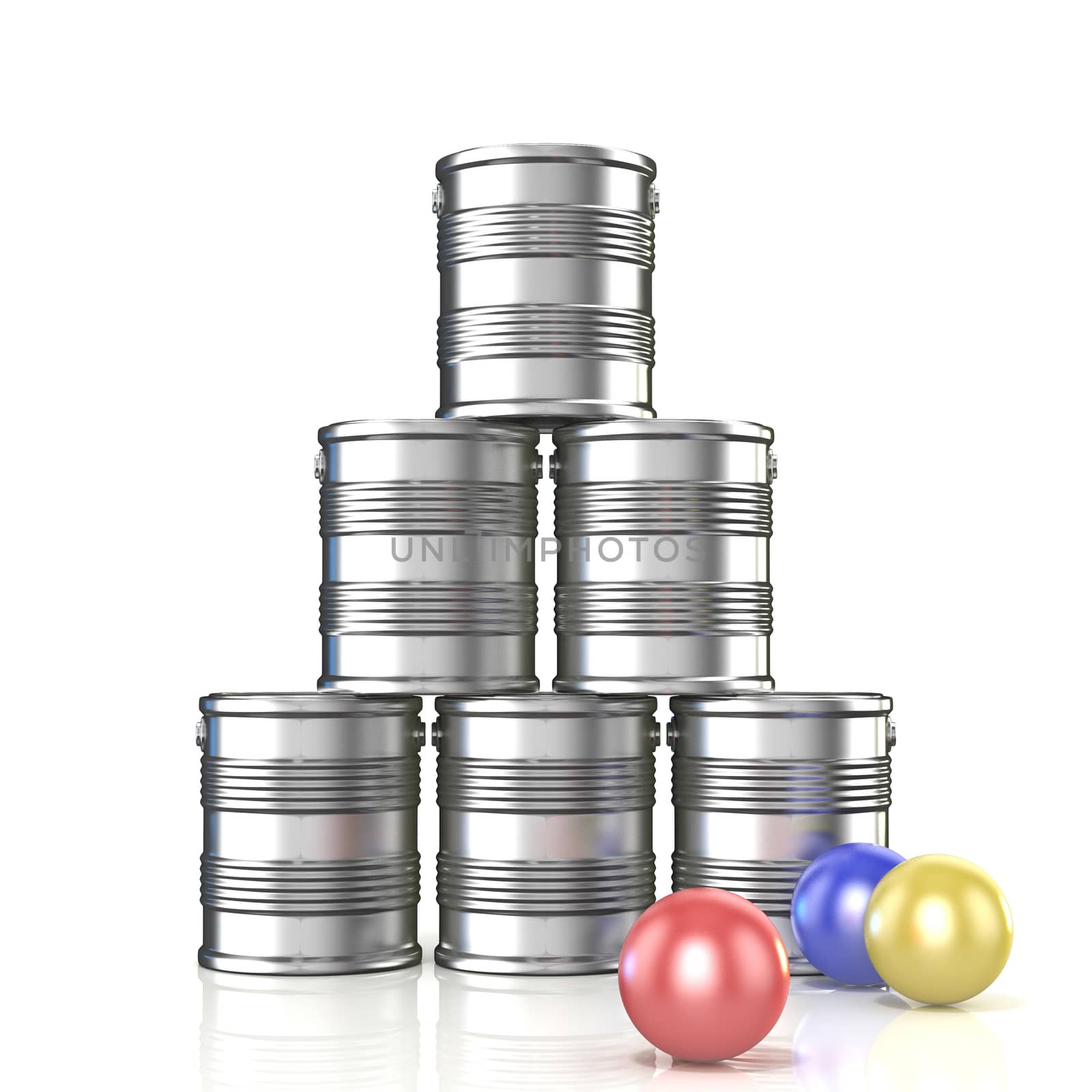Tin cans and three balls. 3D by djmilic