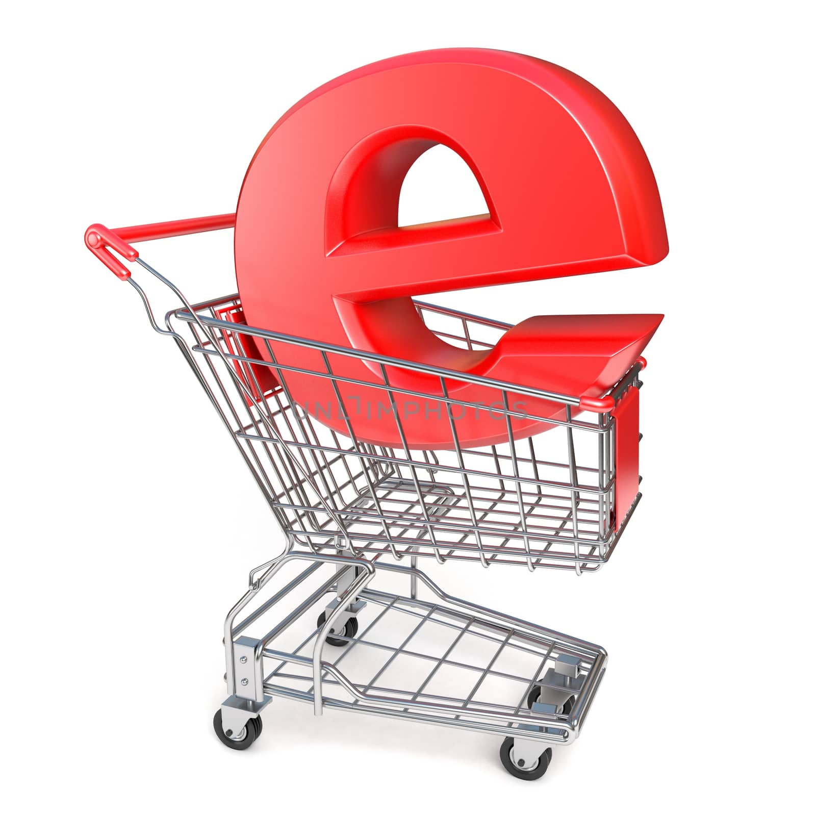 Shopping cart and E symbol. E-shop concept. 3D render illustration isolated on white background