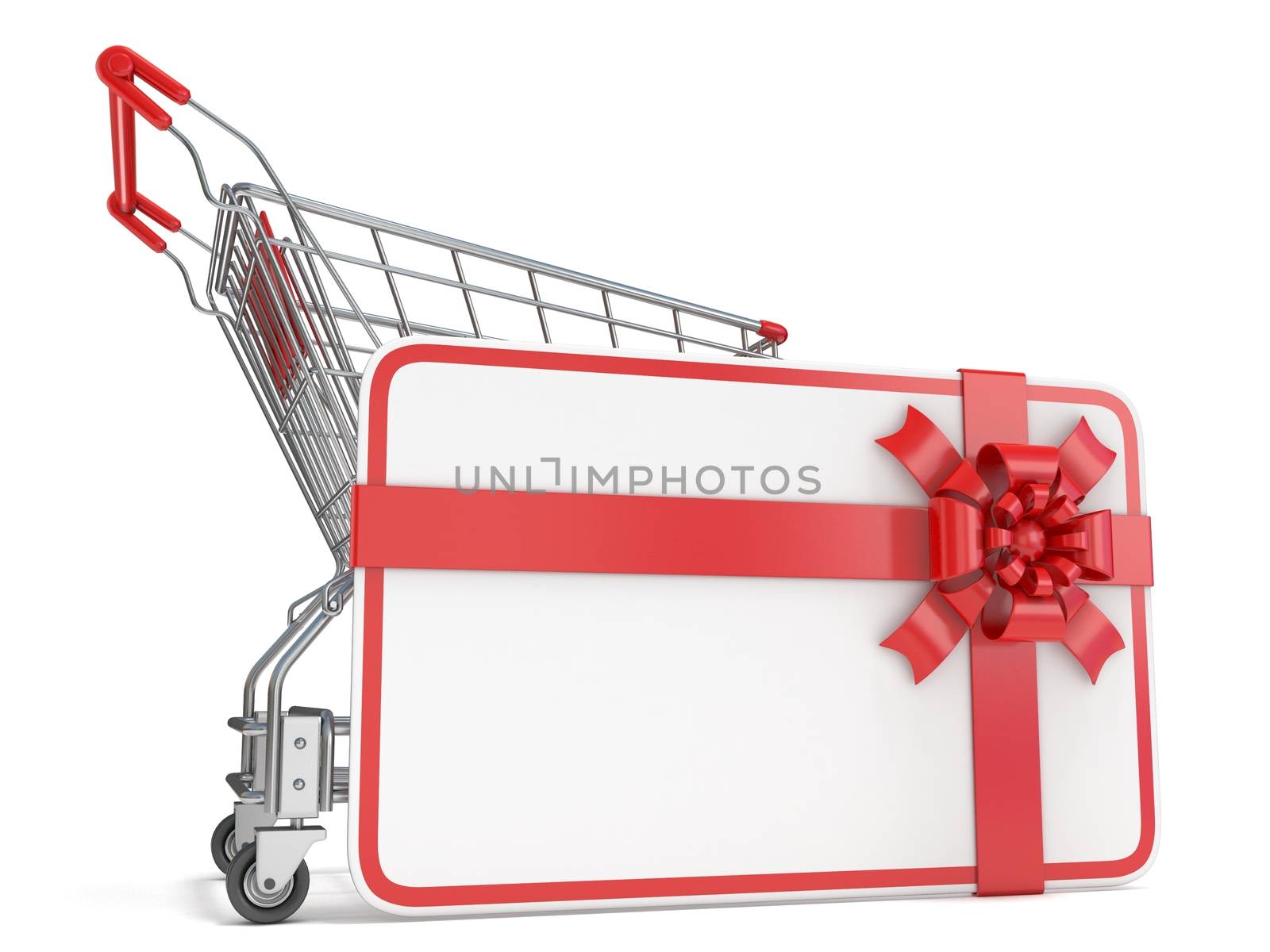 Gift card with blank space for text and shopping cart. 3D render illustration isolated on white background