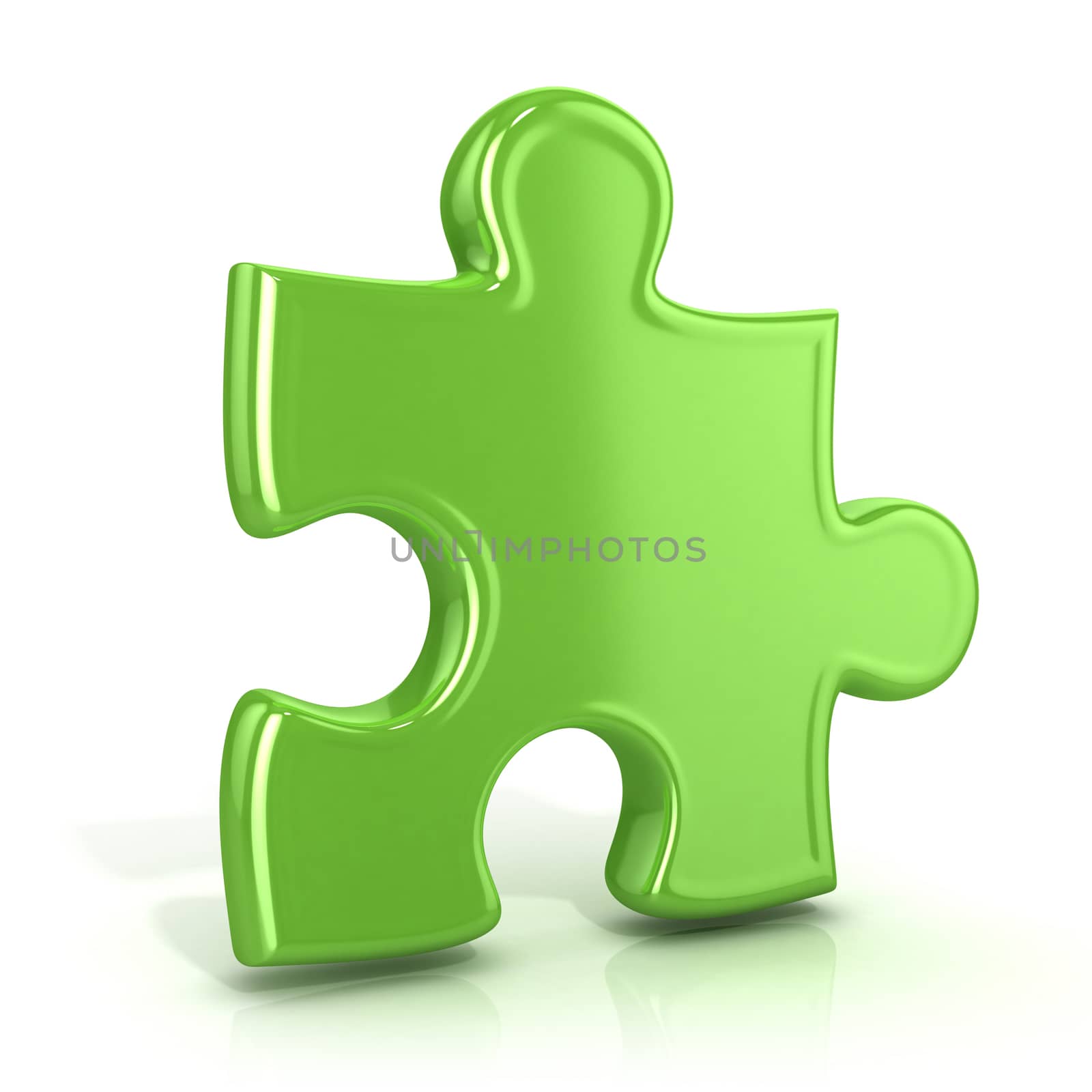 Single, green, standing jigsaw puzzle piece. 3D render icon isolated on white background. Usual angle