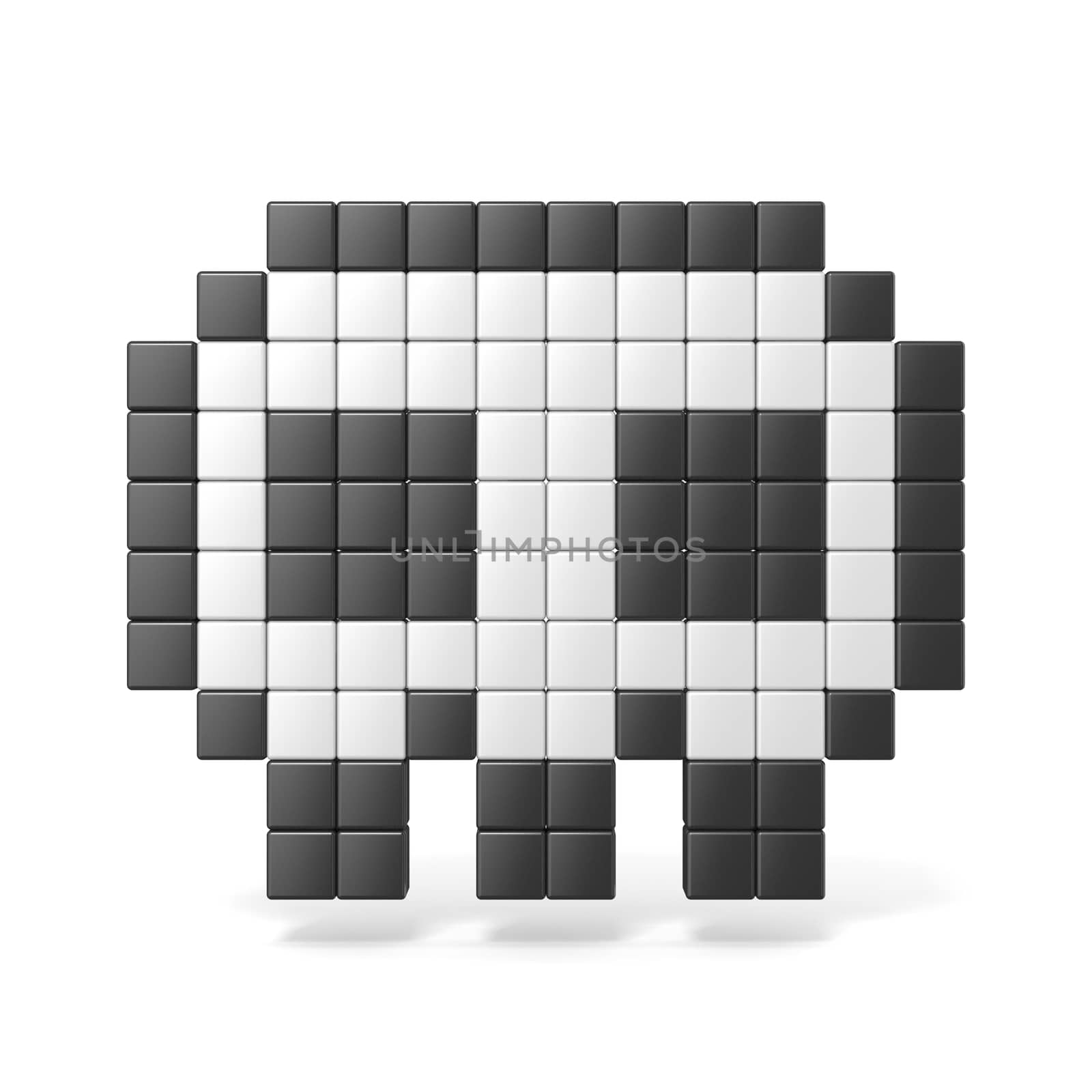 Pixelated 8bit skull icon. Front view. 3D render illustration isolated on white background