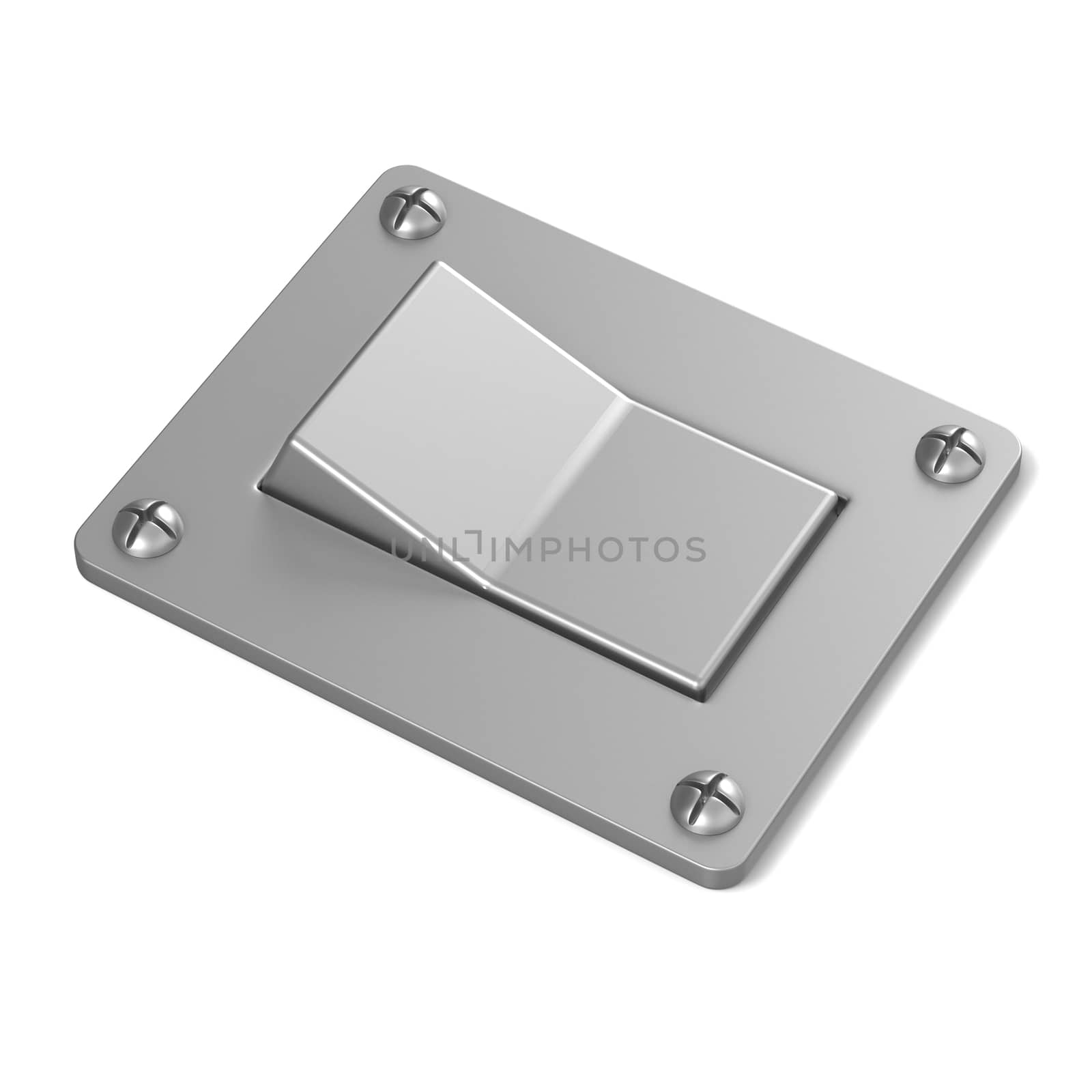 Blank, silver, power switch button. Angled view. 3D render illustration isolated on white background