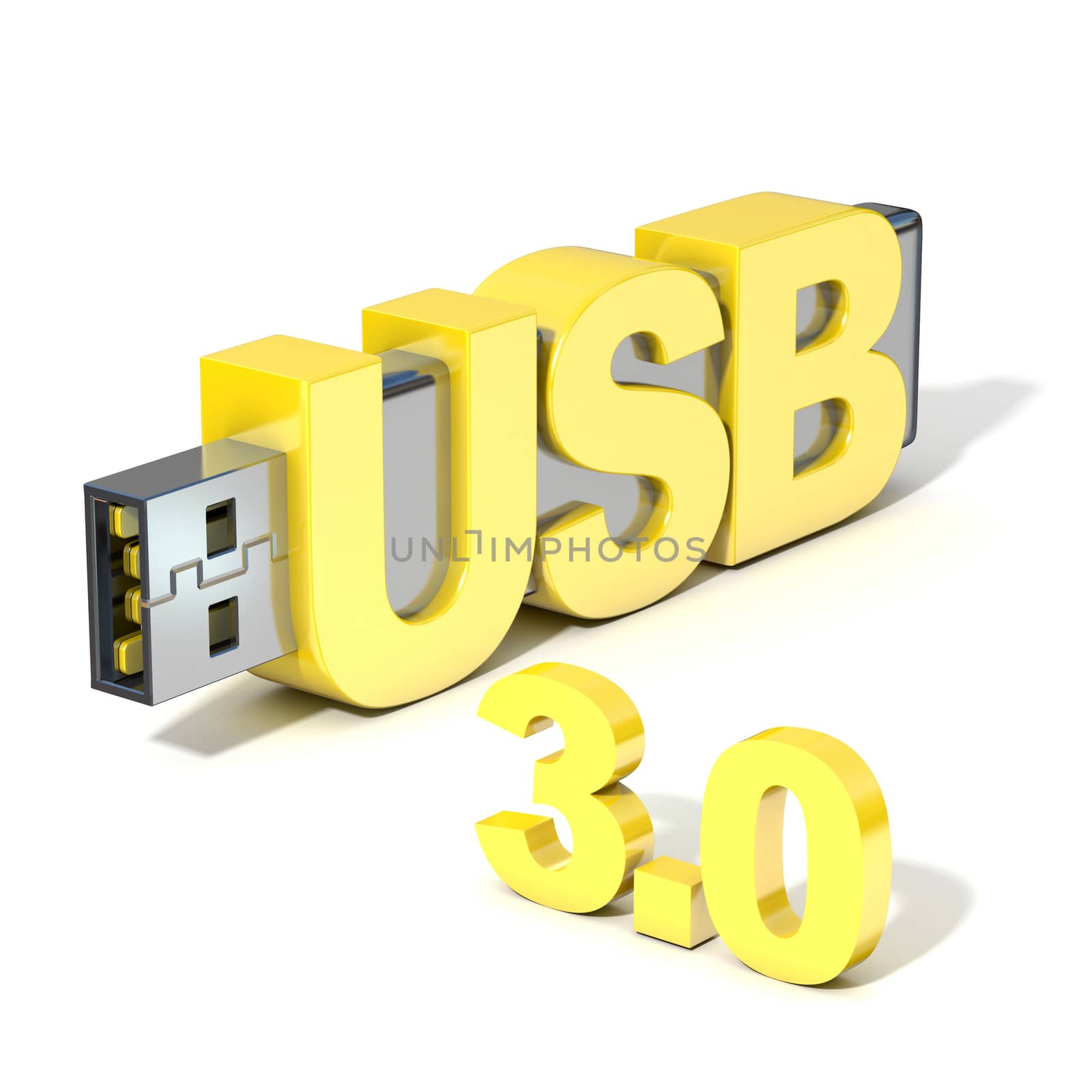 USB flash memory 3.0, made with the word USB. 3D render illustration isolated on white background