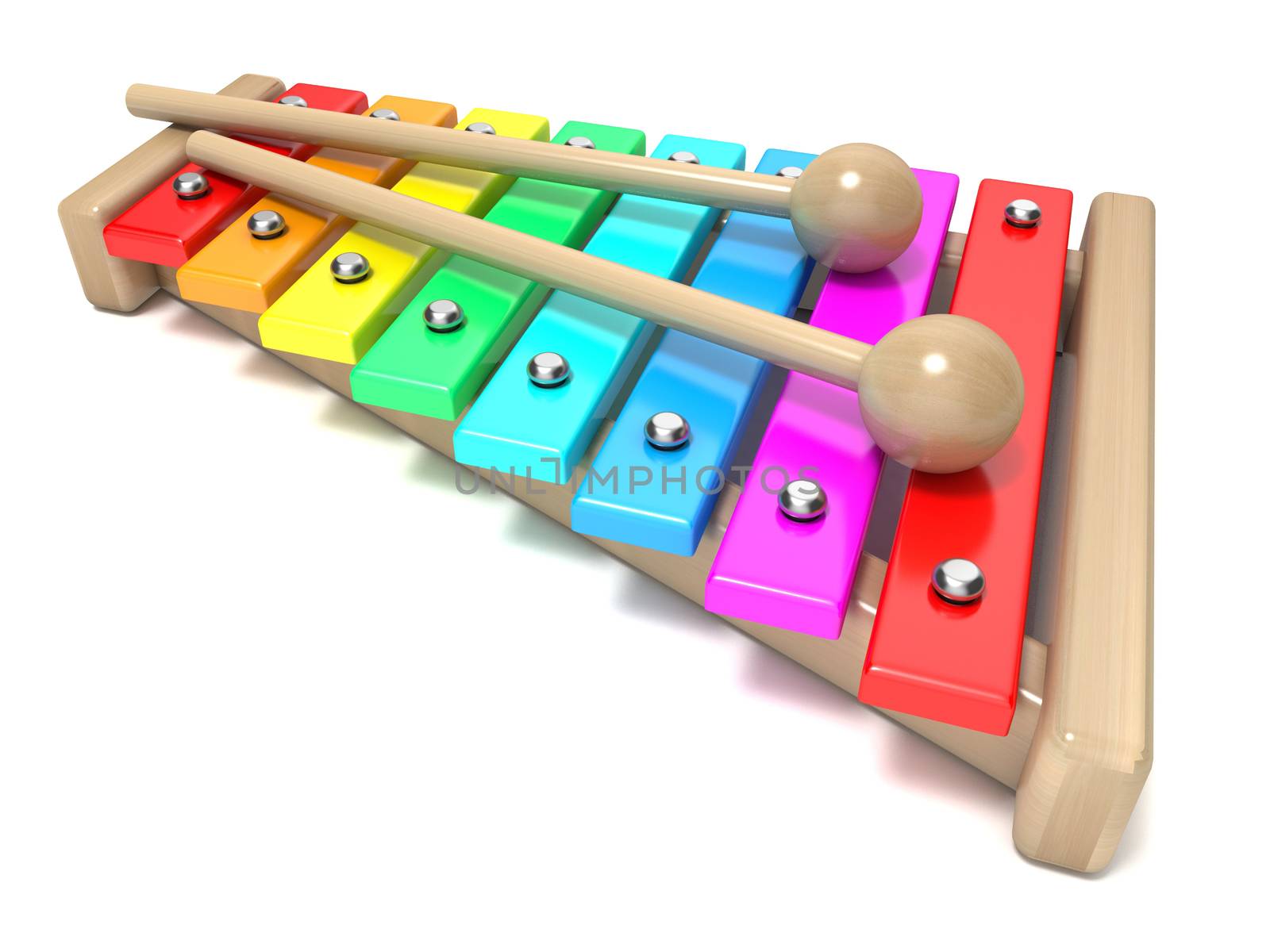 Xylophone with rainbow colored keys and with two wood drum stick by djmilic