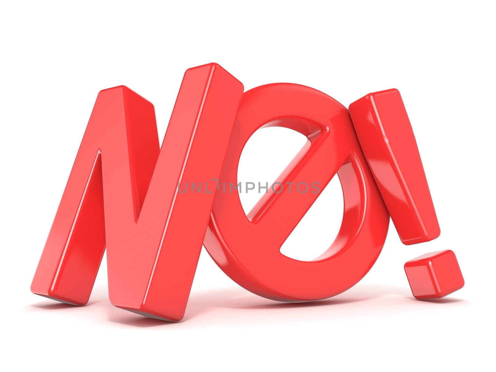 Word NO with prohibited symbol. 3D render illustration isolated on white background