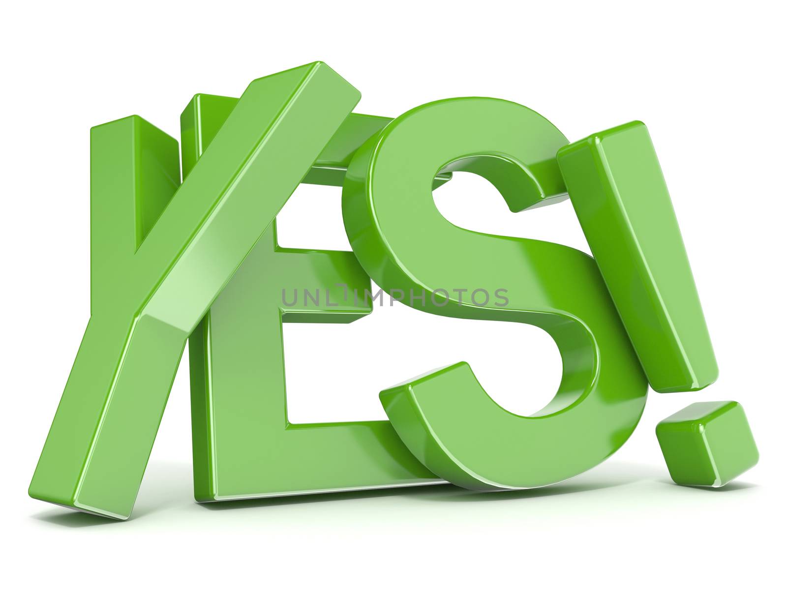 Green word YES. 3D render illustration isolated on white background
