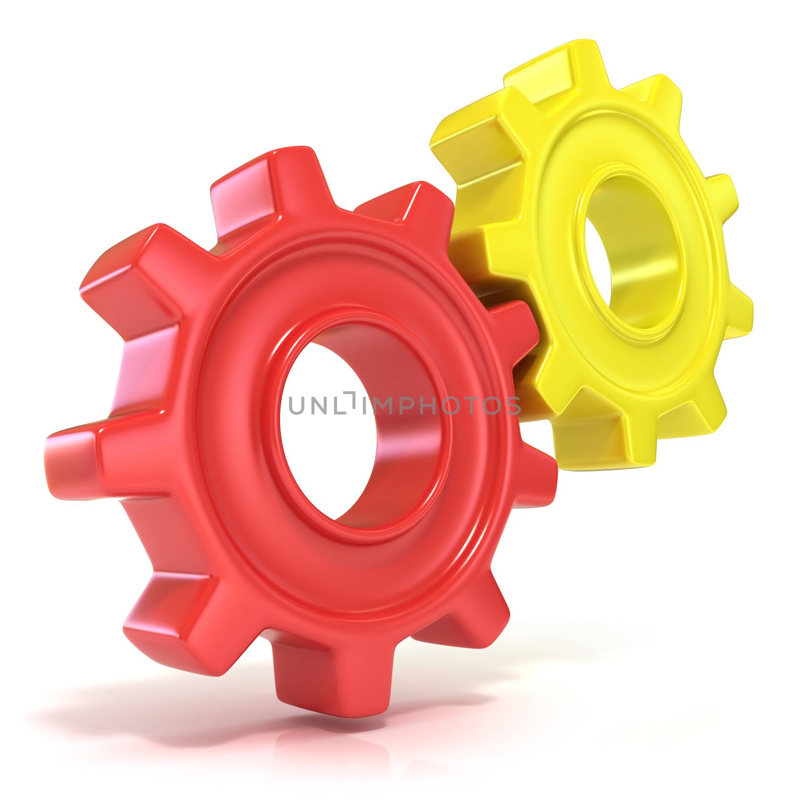 Red and yellow gear wheels, 3D concept isolated no white background