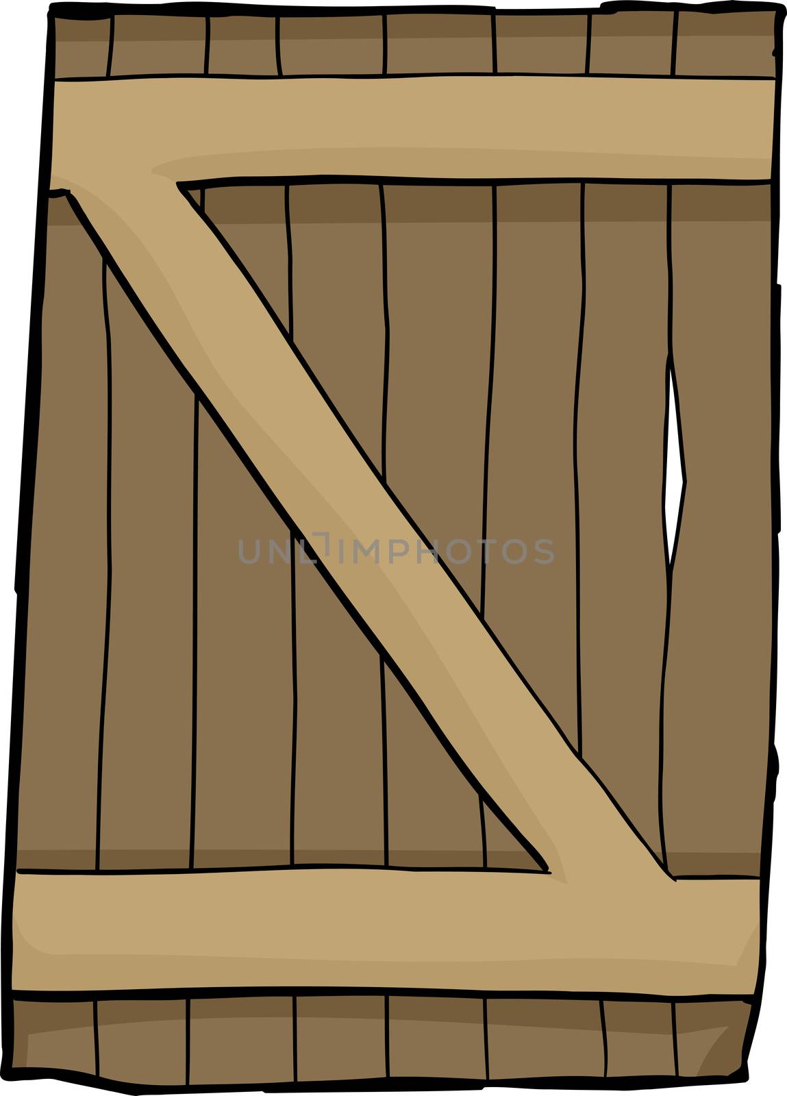 Cartoon illustration of single old reinforced wooden door over white background