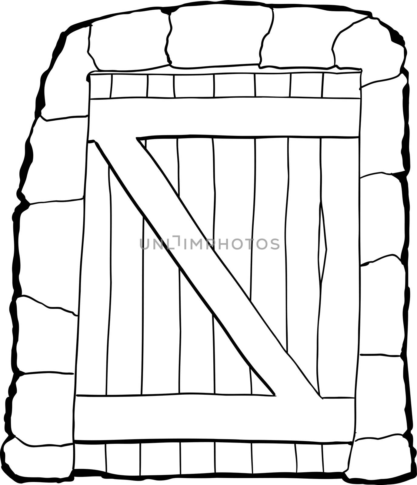 Single outline closed dungeon doorway over white background