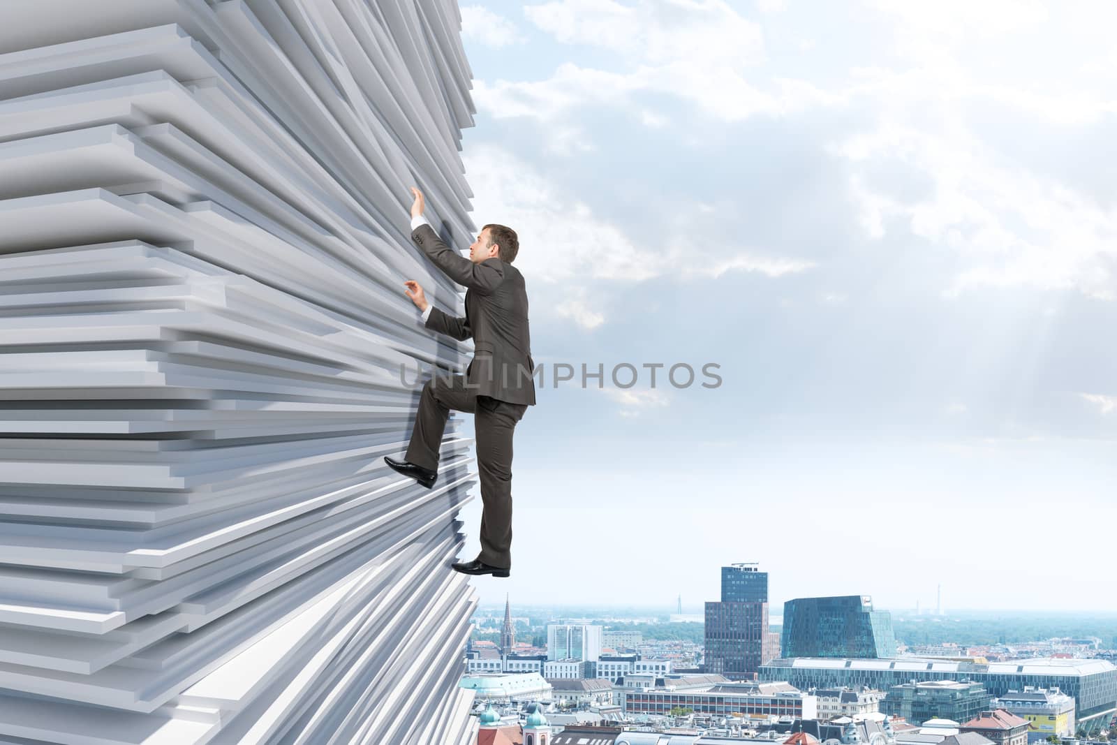 Businessman climbing up a huge stack of paper with city background