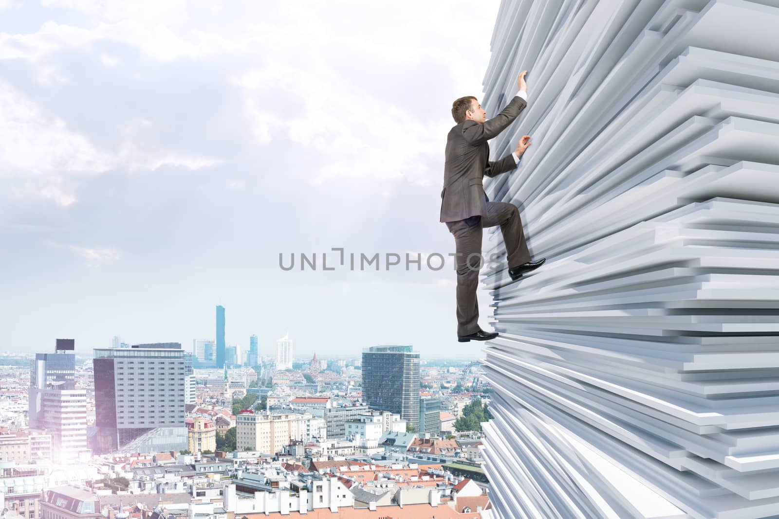 Businessman climbing up a huge stack of paper with city background