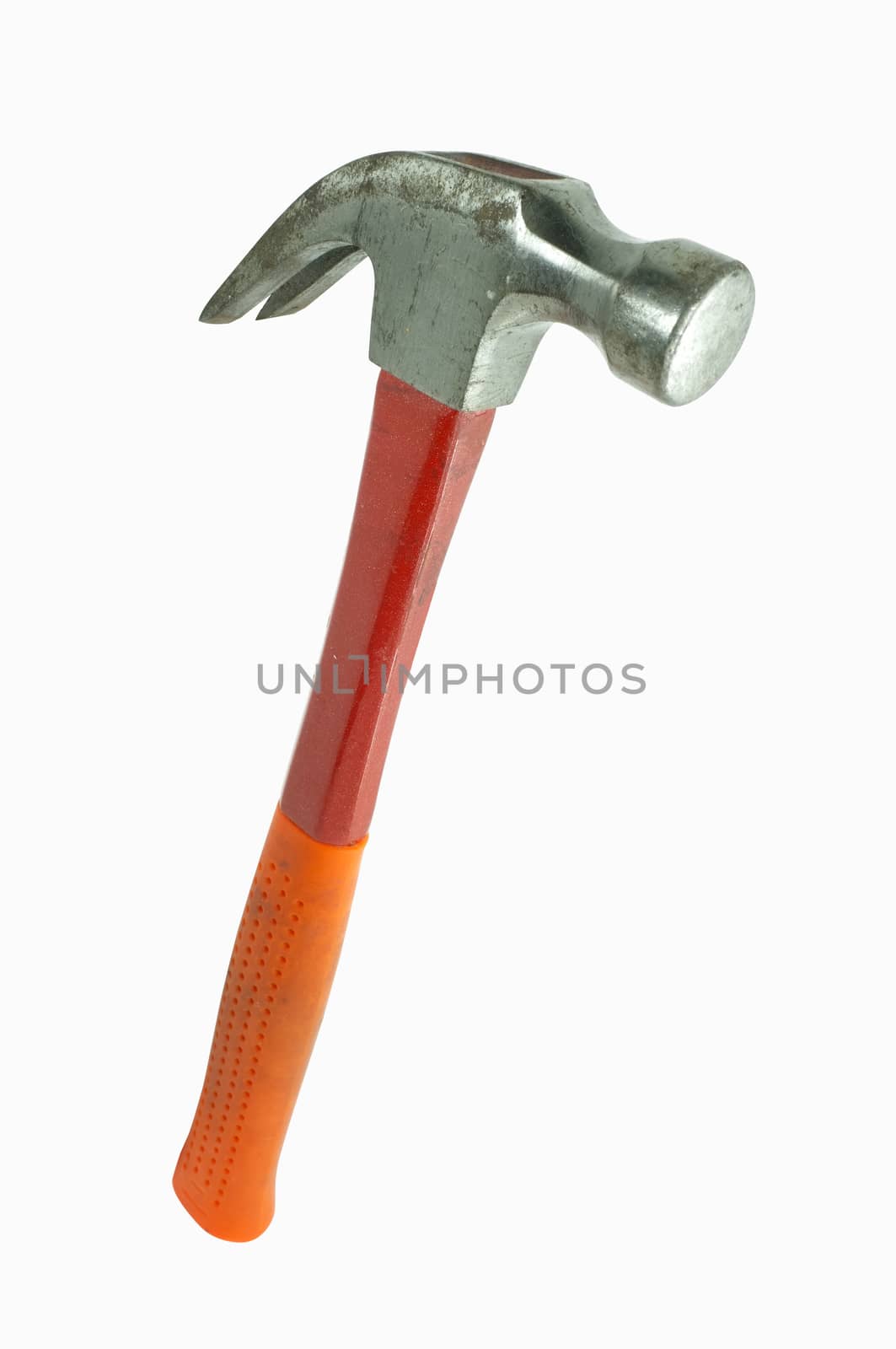 Orange and red metal hammer isolated on white background