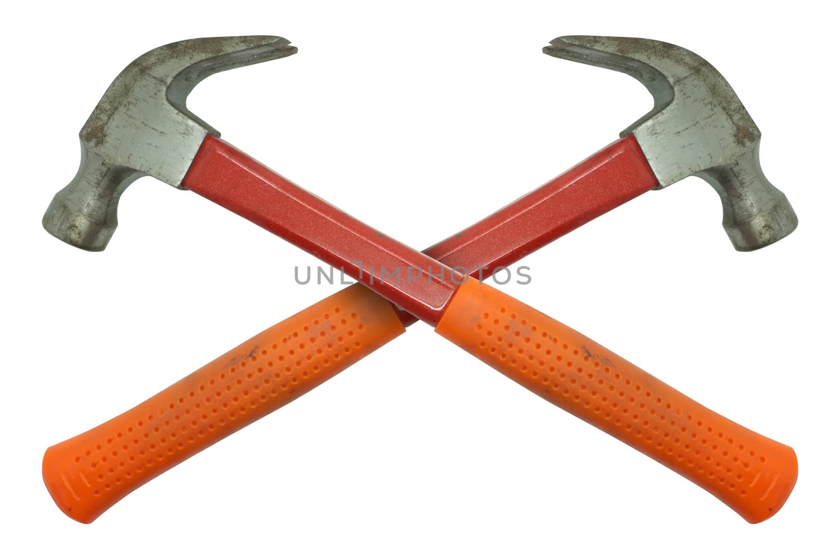 Orange and red metal hammer isolated on white background
